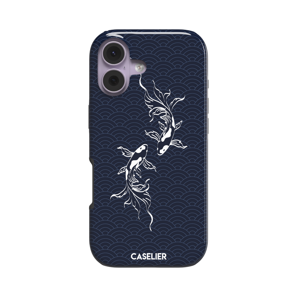 Playful Fishies phone case featuring two white koi fish in line-art style on a deep navy Japanese seigaiha wave pattern, phone case by Caselier — tough case, front view