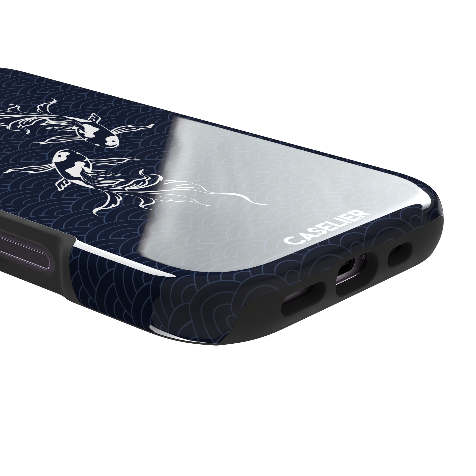Playful Fishies phone case featuring two white koi fish in line-art style on a deep navy Japanese seigaiha wave pattern, phone case by Caselier — tough case, charging port detail