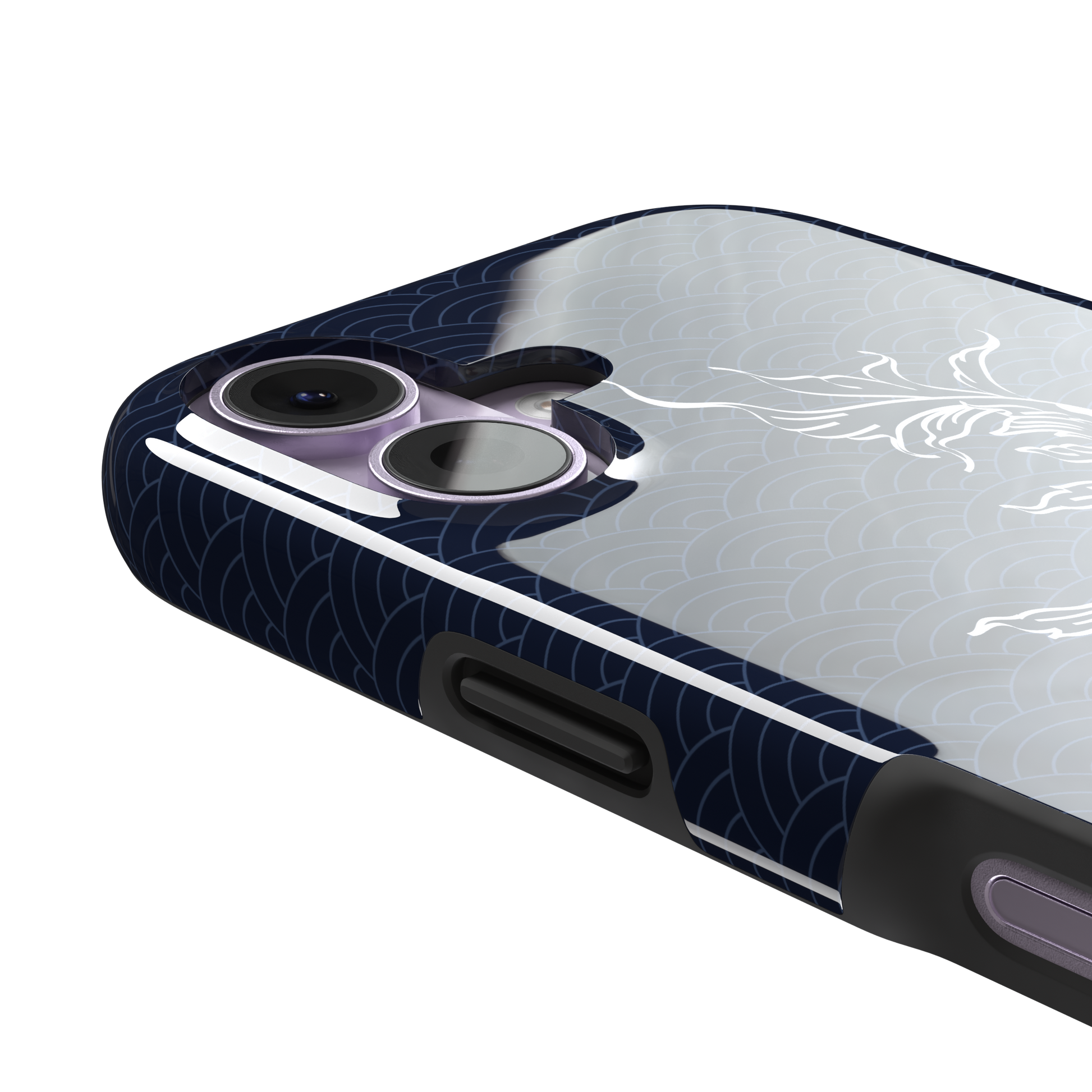 Playful Fishies phone case featuring two white koi fish in line-art style on a deep navy Japanese seigaiha wave pattern, phone case by Caselier — tough case, volume buttons detail