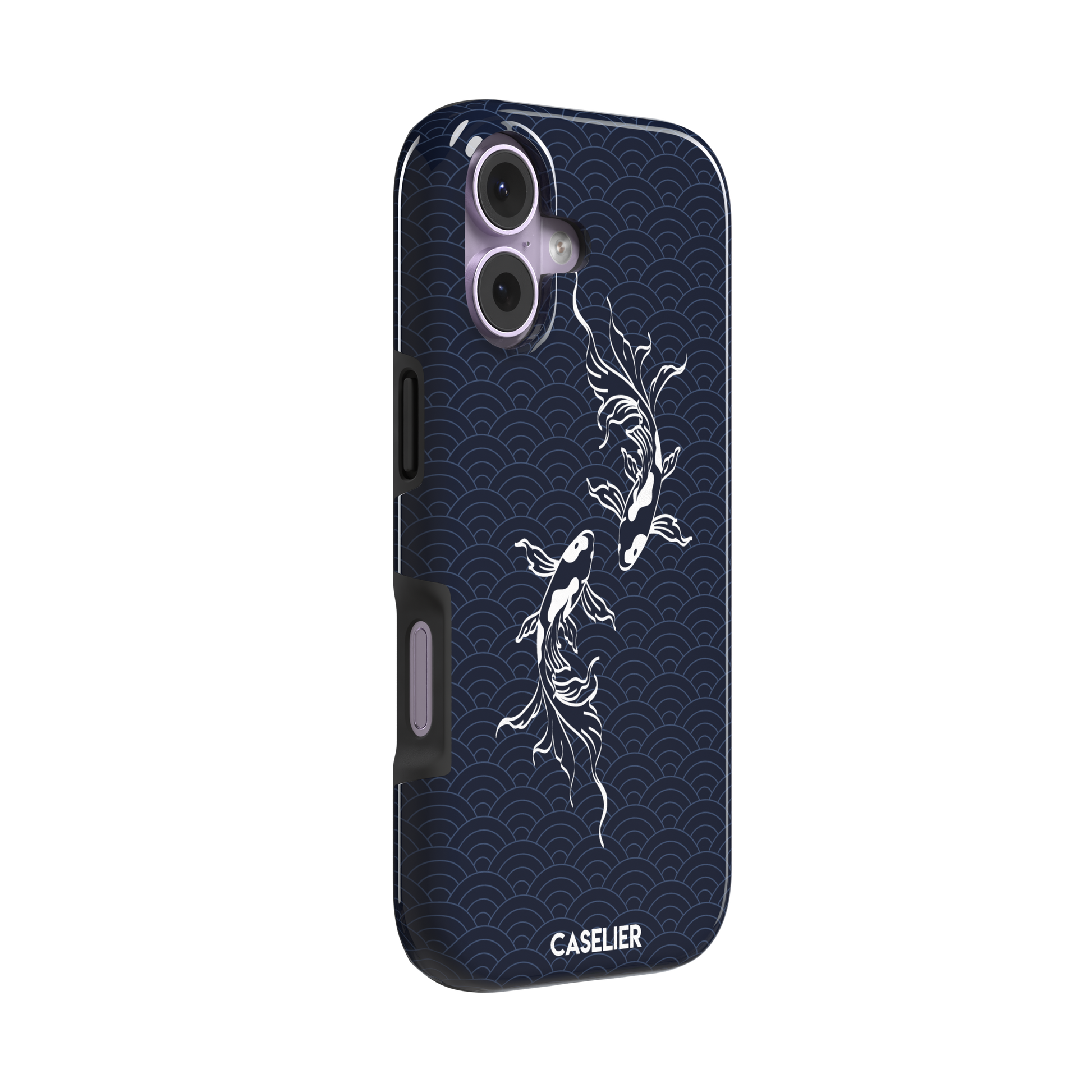 Playful Fishies phone case featuring two white koi fish in line-art style on a deep navy Japanese seigaiha wave pattern, phone case by Caselier — tough case, left view