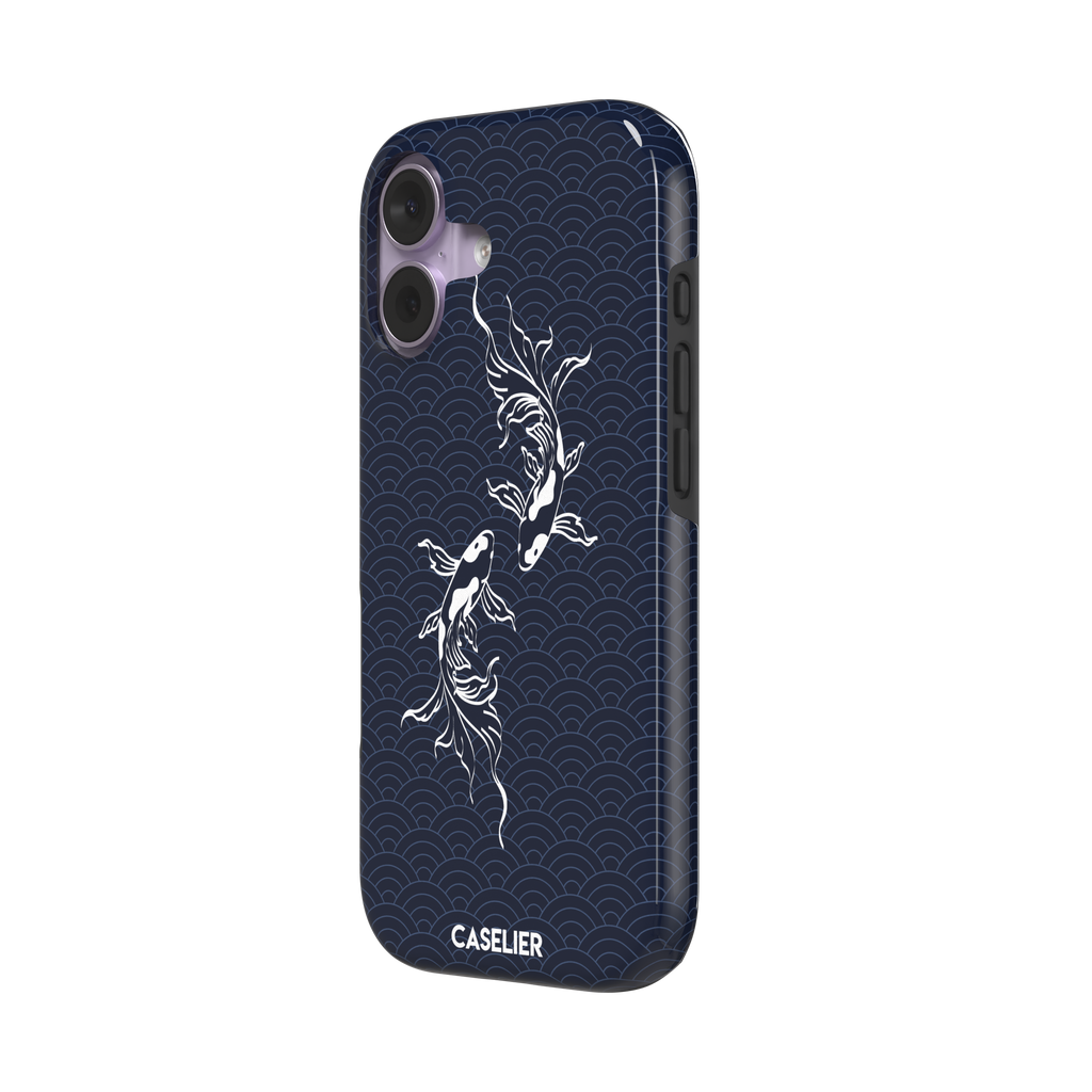 Playful Fishies phone case featuring two white koi fish in line-art style on a deep navy Japanese seigaiha wave pattern, phone case by Caselier — tough case, right view