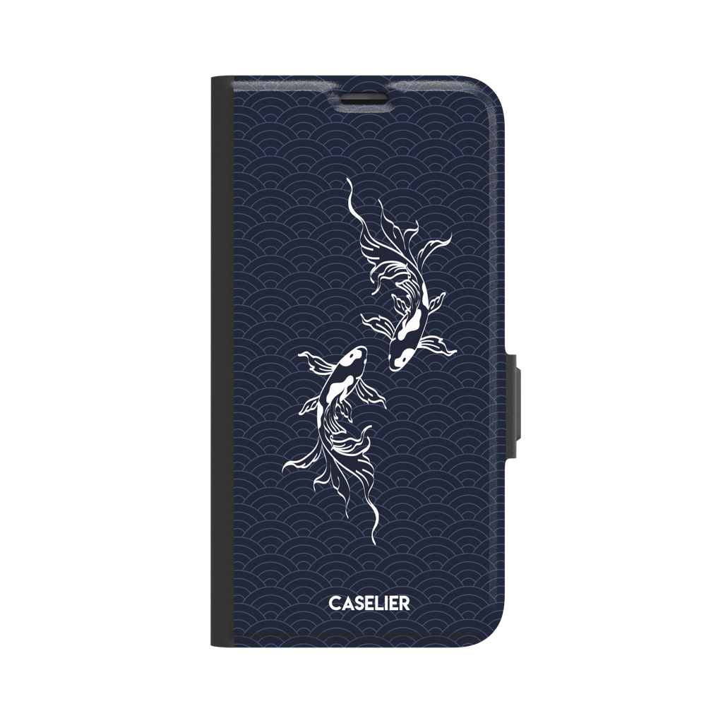 Playful Fishies phone case featuring two white koi fish in line-art style on a deep navy Japanese seigaiha wave pattern, phone case by Caselier — wallet case, front view