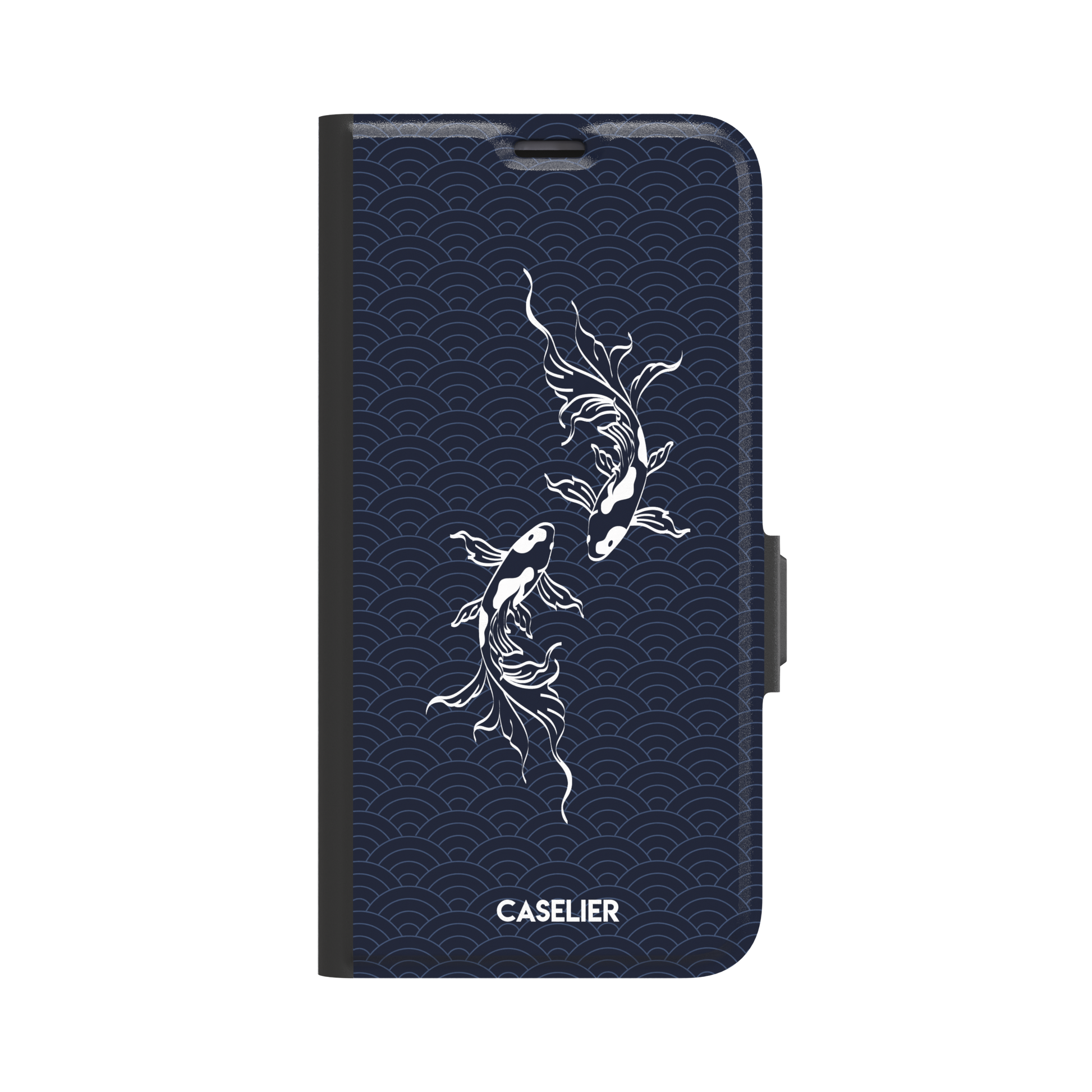 Playful Fishies phone case featuring two white koi fish in line-art style on a deep navy Japanese seigaiha wave pattern, phone case by Caselier — wallet case, front view