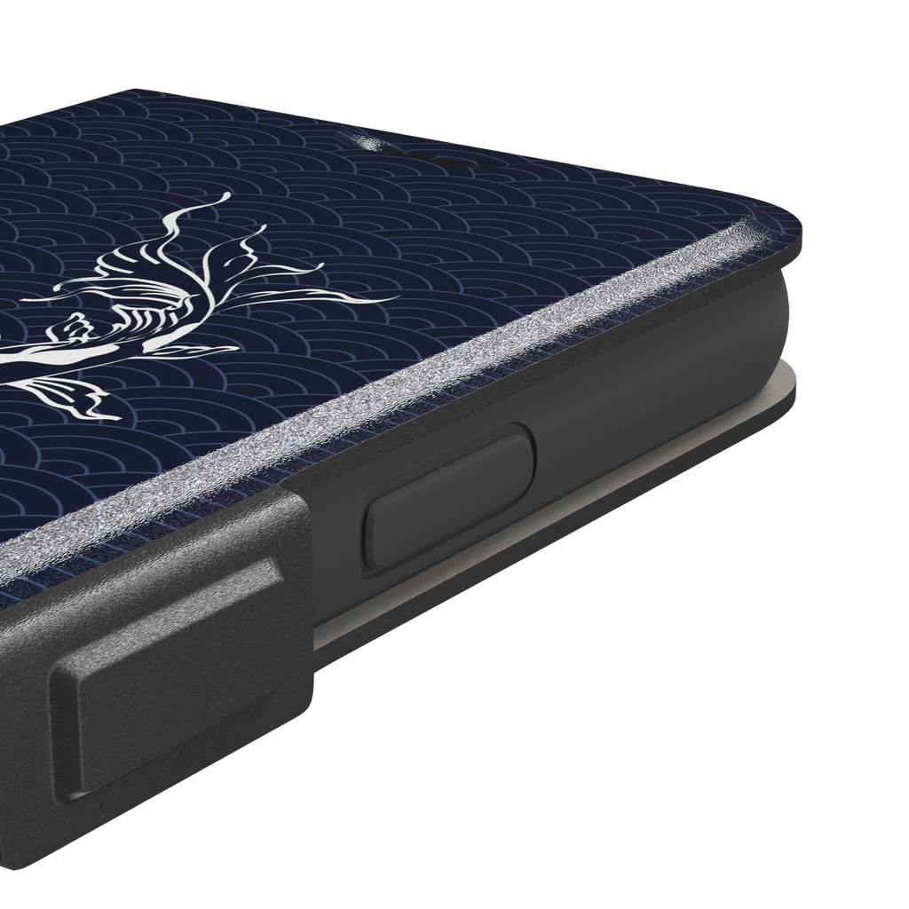 Playful Fishies phone case featuring two white koi fish in line-art style on a deep navy Japanese seigaiha wave pattern, phone case by Caselier — wallet case, volume buttons detail