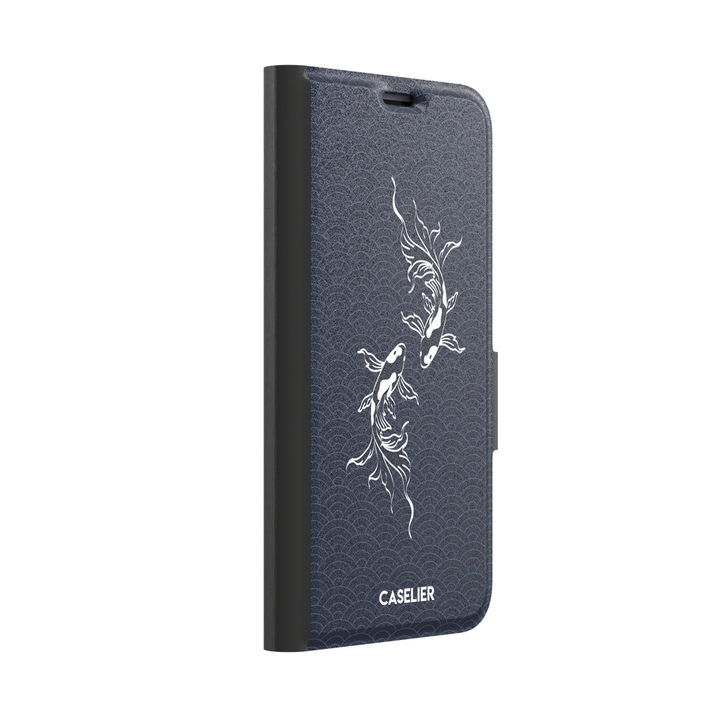 Playful Fishies phone case featuring two white koi fish in line-art style on a deep navy Japanese seigaiha wave pattern, phone case by Caselier — wallet case, left view