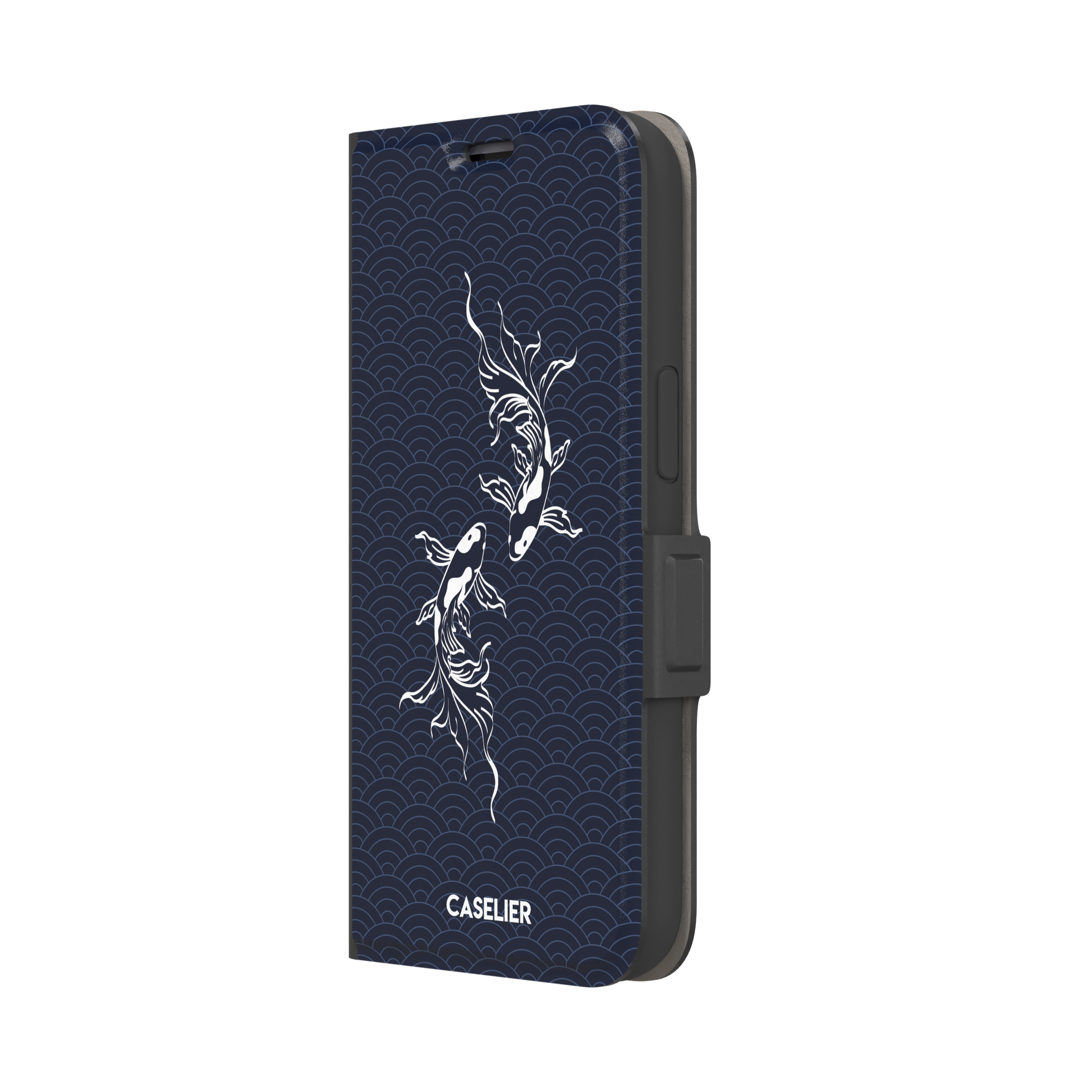 Playful Fishies phone case featuring two white koi fish in line-art style on a deep navy Japanese seigaiha wave pattern, phone case by Caselier — wallet case, right view