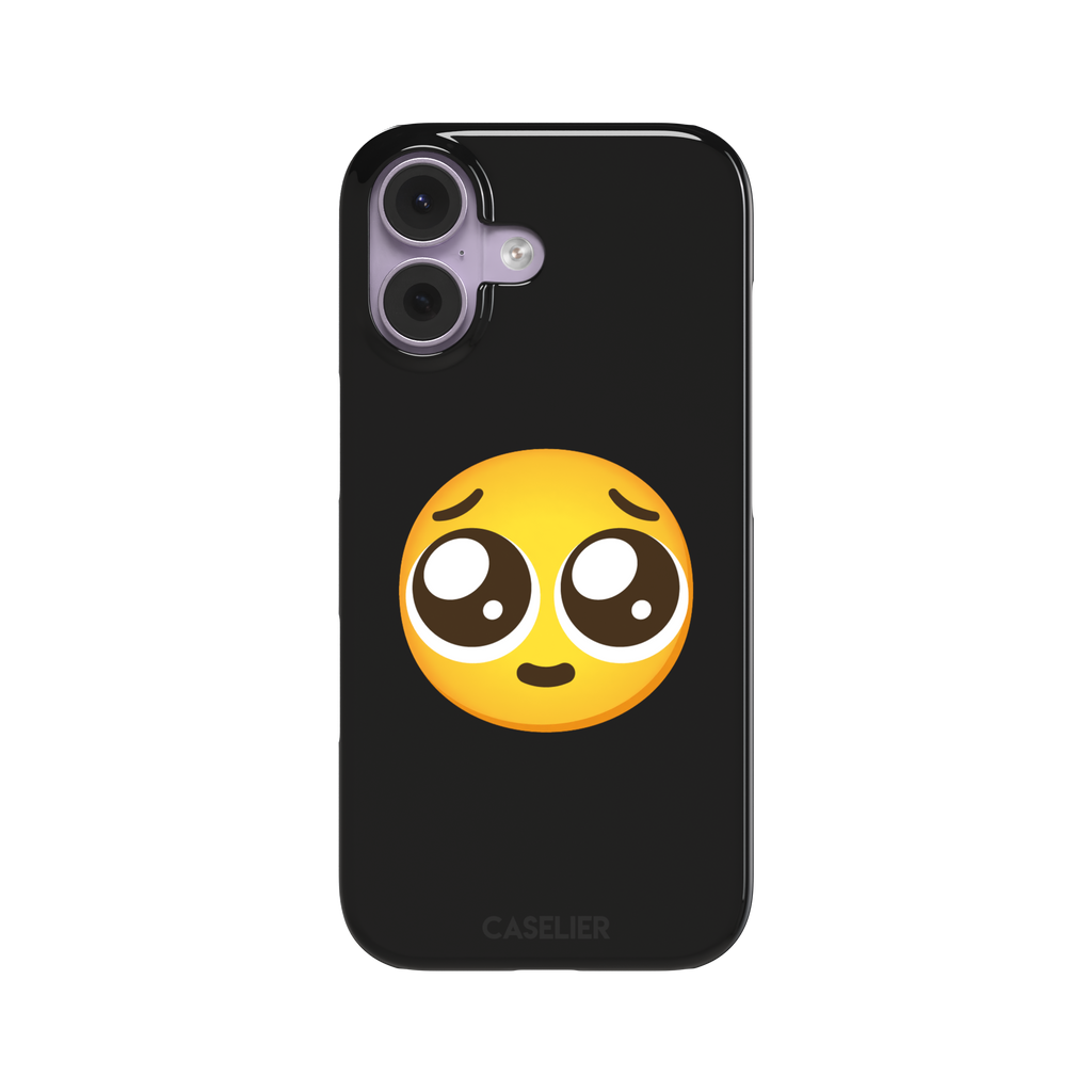 Pls... phone case featuring a large yellow pleading emoji with oversized puppy-dog eyes on a solid black background, phone case by Caselier — snap case, front view