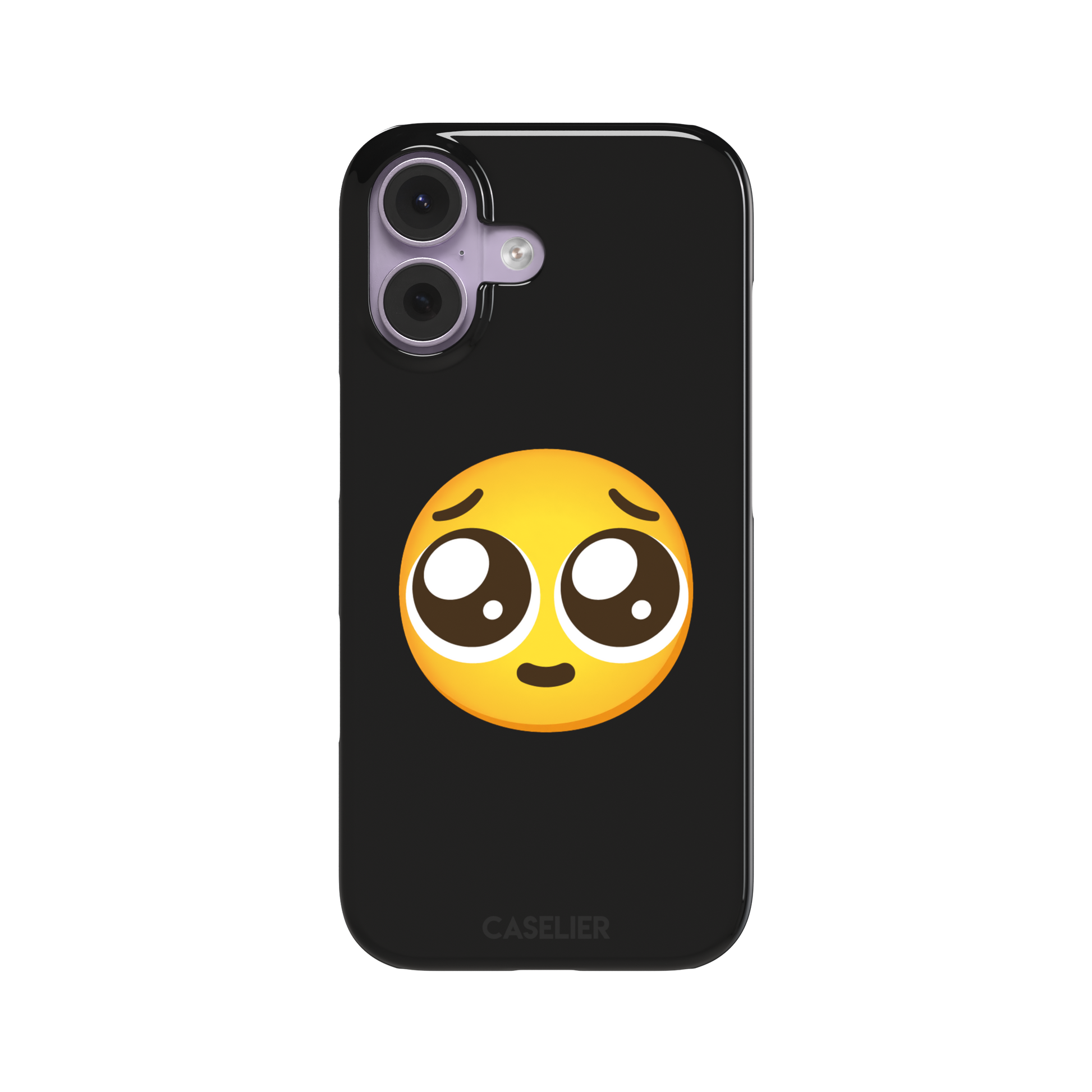 Pls... phone case featuring a large yellow pleading emoji with oversized puppy-dog eyes on a solid black background, phone case by Caselier — snap case, front view