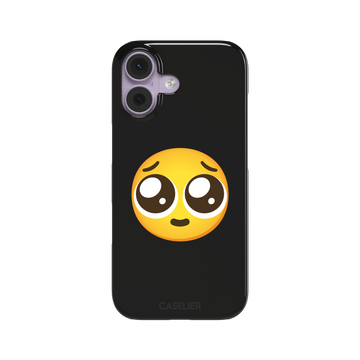 Pls... phone case featuring a large yellow pleading emoji with oversized puppy-dog eyes on a solid black background, phone case by Caselier — snap case, front view