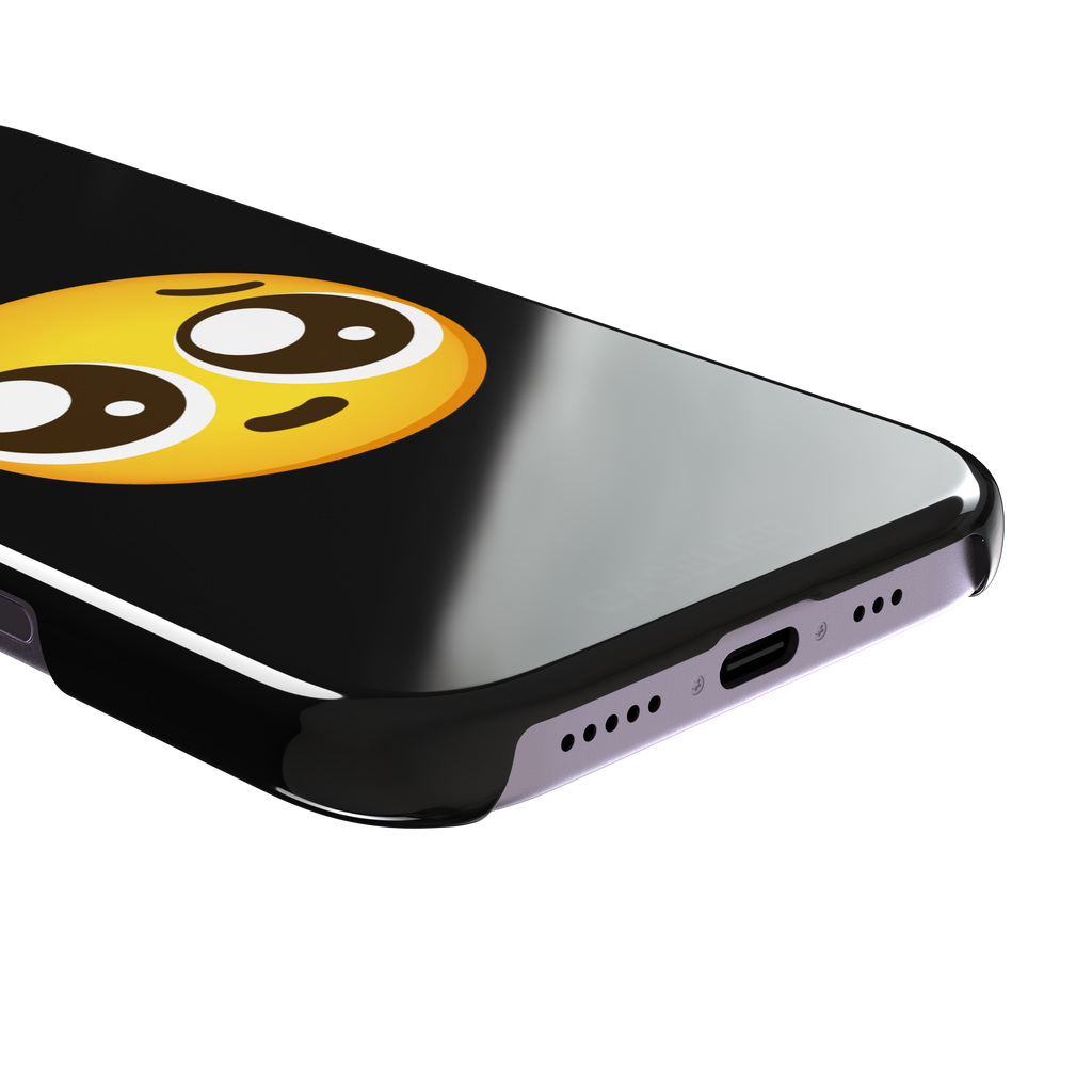 Pls... phone case featuring a large yellow pleading emoji with oversized puppy-dog eyes on a solid black background, phone case by Caselier — snap case, charging port detail