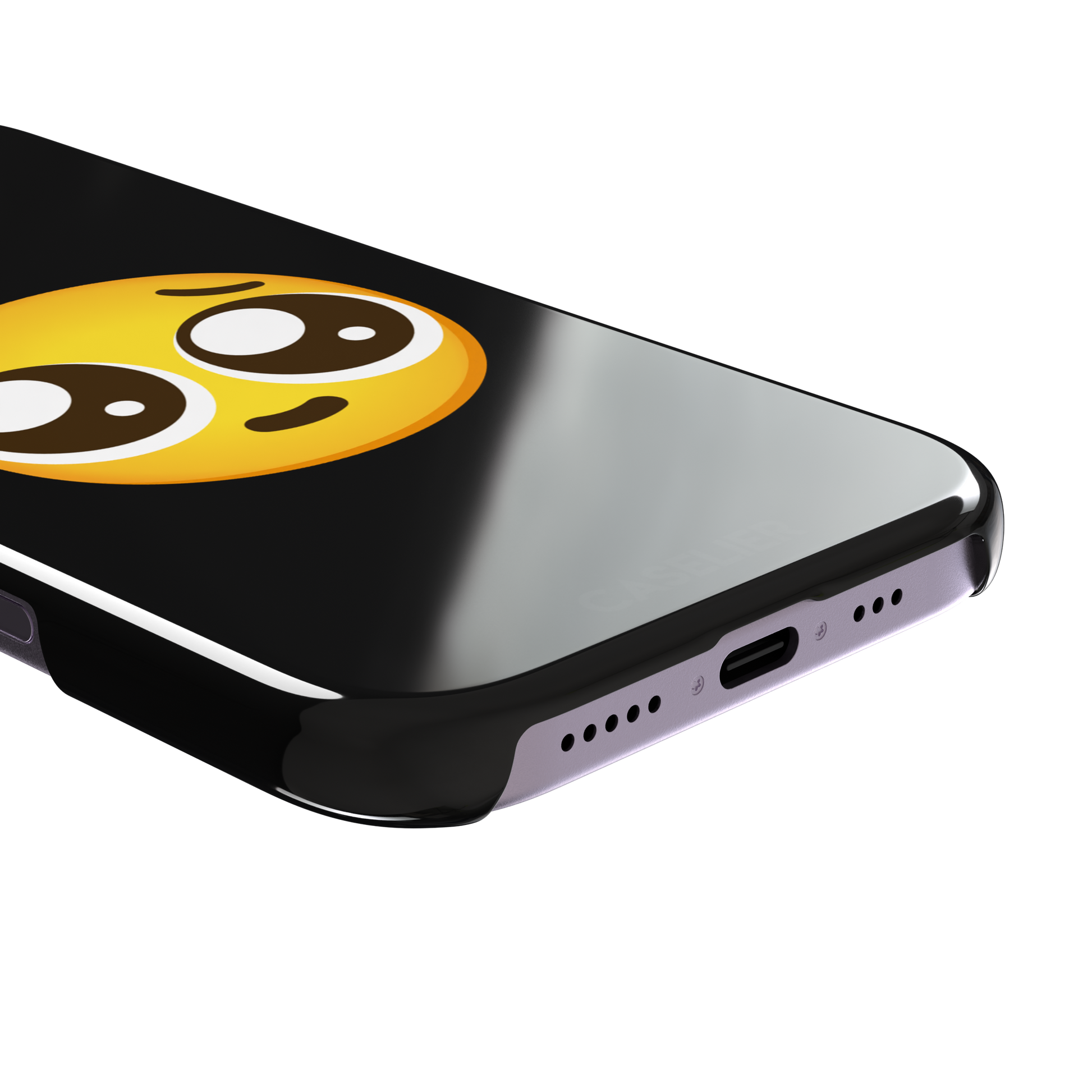 Pls... phone case featuring a large yellow pleading emoji with oversized puppy-dog eyes on a solid black background, phone case by Caselier — snap case, charging port detail