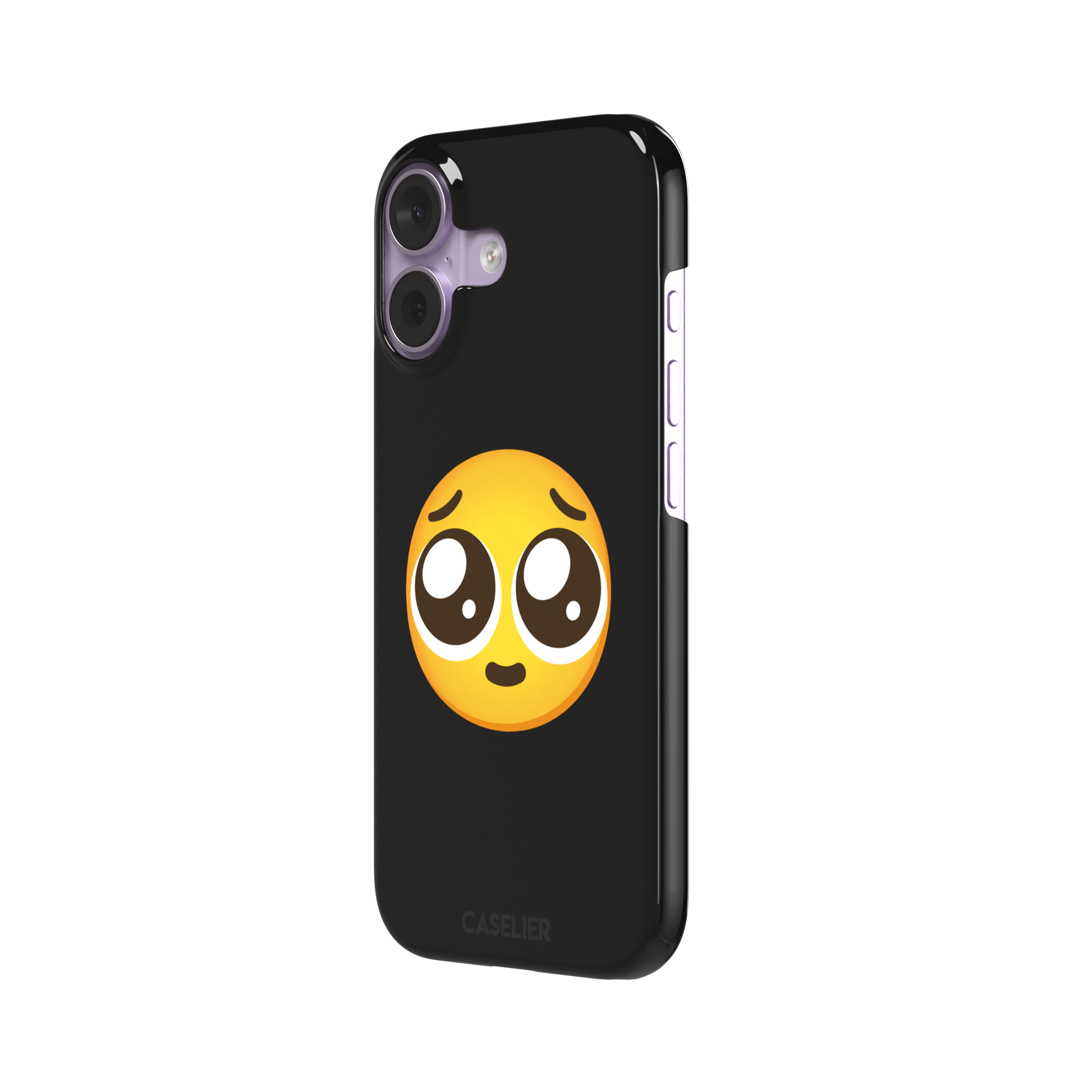 Pls... phone case featuring a large yellow pleading emoji with oversized puppy-dog eyes on a solid black background, phone case by Caselier — snap case, right view