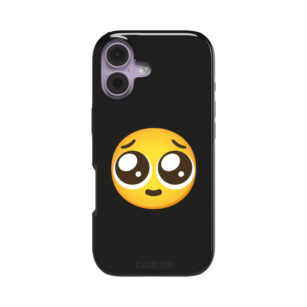 Pls... phone case featuring a large yellow pleading emoji with oversized puppy-dog eyes on a solid black background, phone case by Caselier — tough case, front view