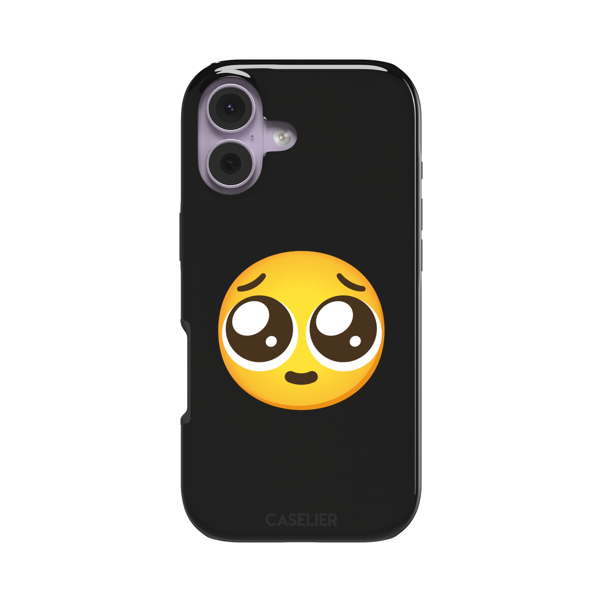 Pls... phone case featuring a large yellow pleading emoji with oversized puppy-dog eyes on a solid black background, phone case by Caselier — tough case, front view