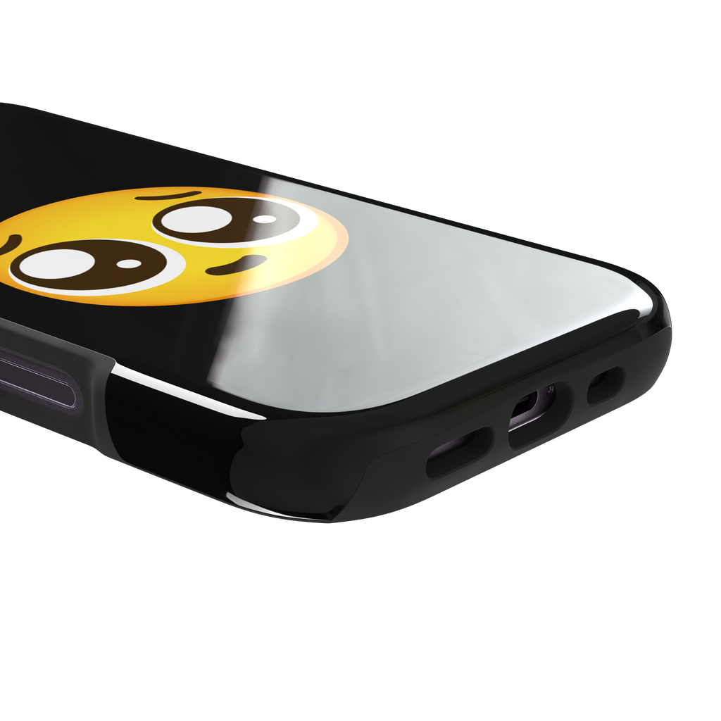 Pls... phone case featuring a large yellow pleading emoji with oversized puppy-dog eyes on a solid black background, phone case by Caselier — tough case, charging port detail