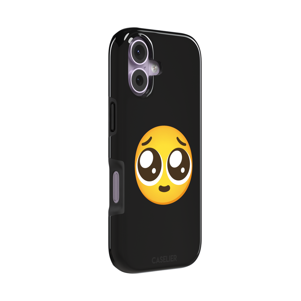 Pls... phone case featuring a large yellow pleading emoji with oversized puppy-dog eyes on a solid black background, phone case by Caselier — tough case, left view