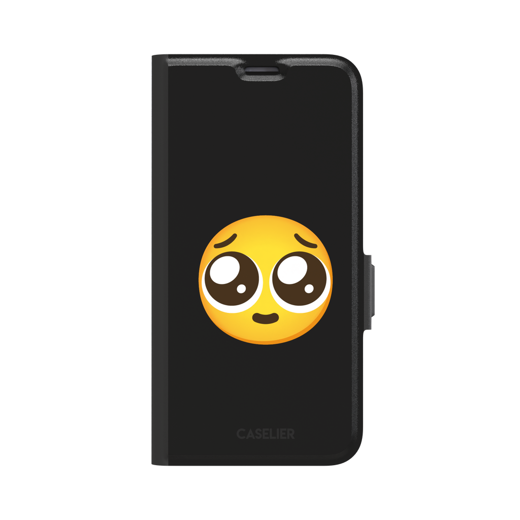 Pls... phone case featuring a large yellow pleading emoji with oversized puppy-dog eyes on a solid black background, phone case by Caselier — wallet case, front view