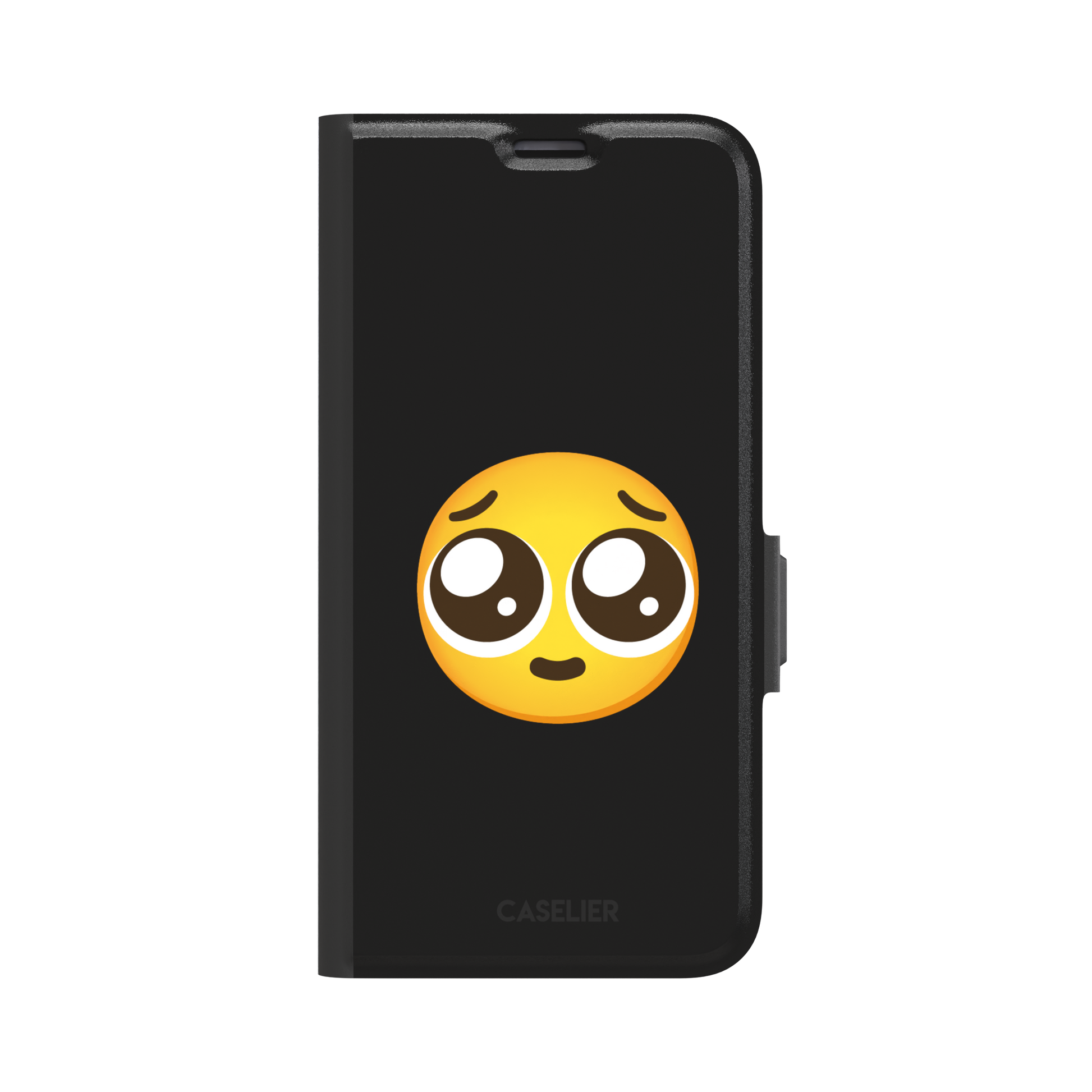 Pls... phone case featuring a large yellow pleading emoji with oversized puppy-dog eyes on a solid black background, phone case by Caselier — wallet case, front view