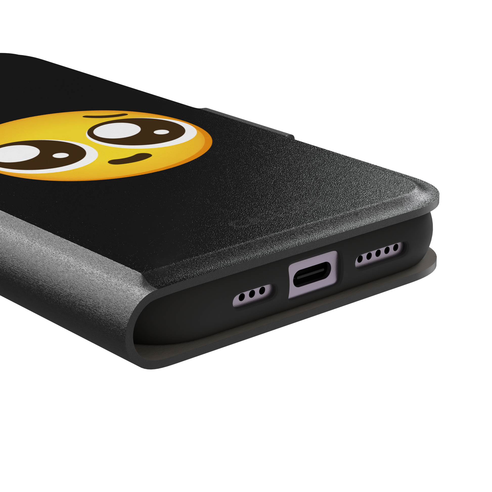 Pls... phone case featuring a large yellow pleading emoji with oversized puppy-dog eyes on a solid black background, phone case by Caselier — wallet case, charging port detail