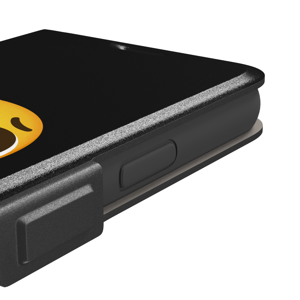 Pls... phone case featuring a large yellow pleading emoji with oversized puppy-dog eyes on a solid black background, phone case by Caselier — wallet case, volume buttons detail