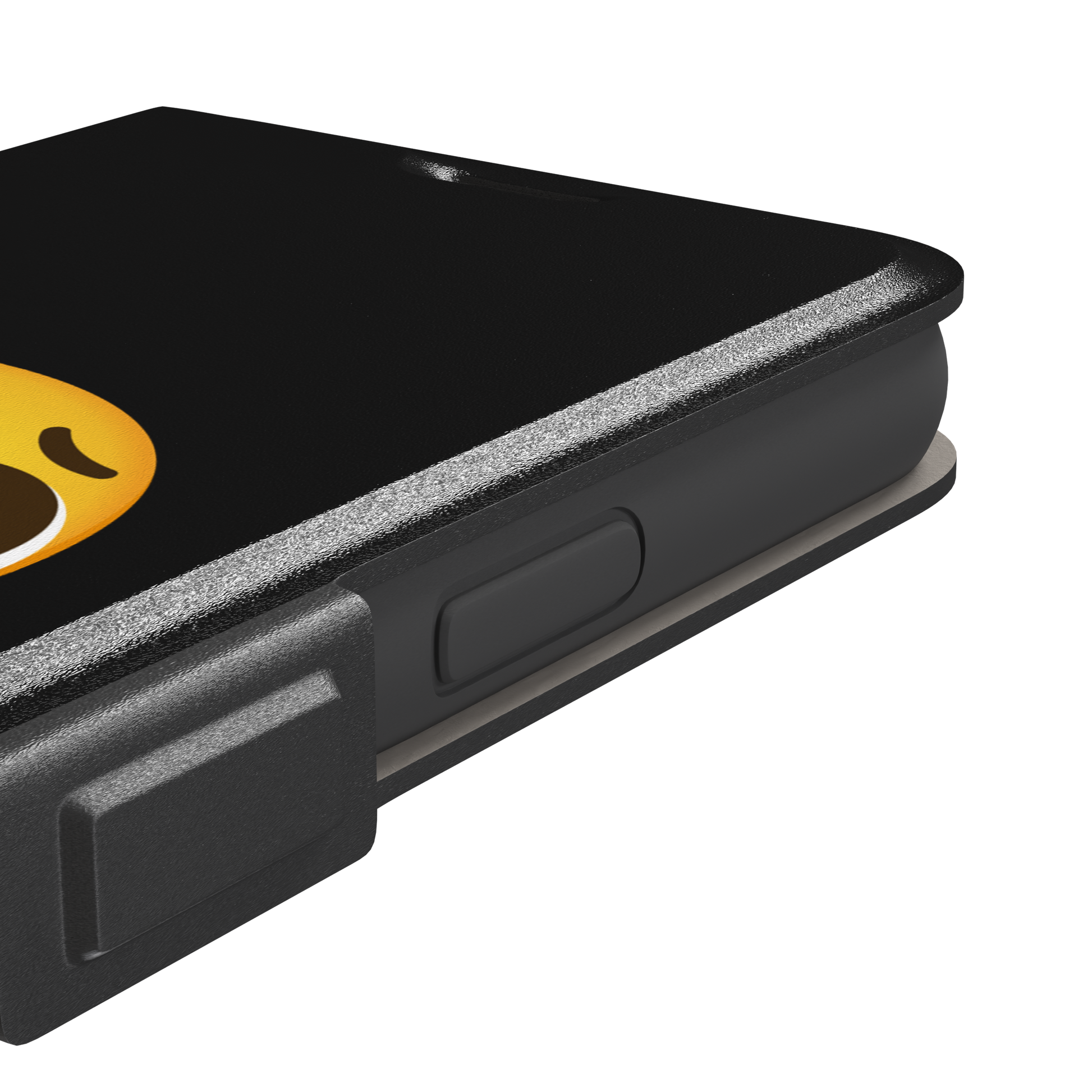 Pls... phone case featuring a large yellow pleading emoji with oversized puppy-dog eyes on a solid black background, phone case by Caselier — wallet case, volume buttons detail