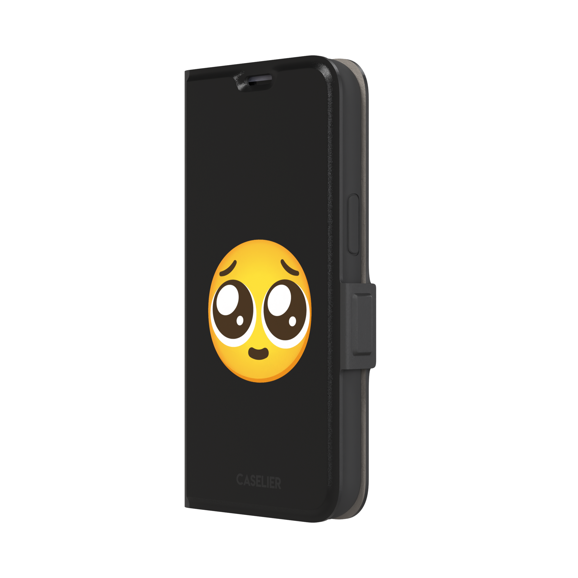 Pls... phone case featuring a large yellow pleading emoji with oversized puppy-dog eyes on a solid black background, phone case by Caselier — wallet case, right view