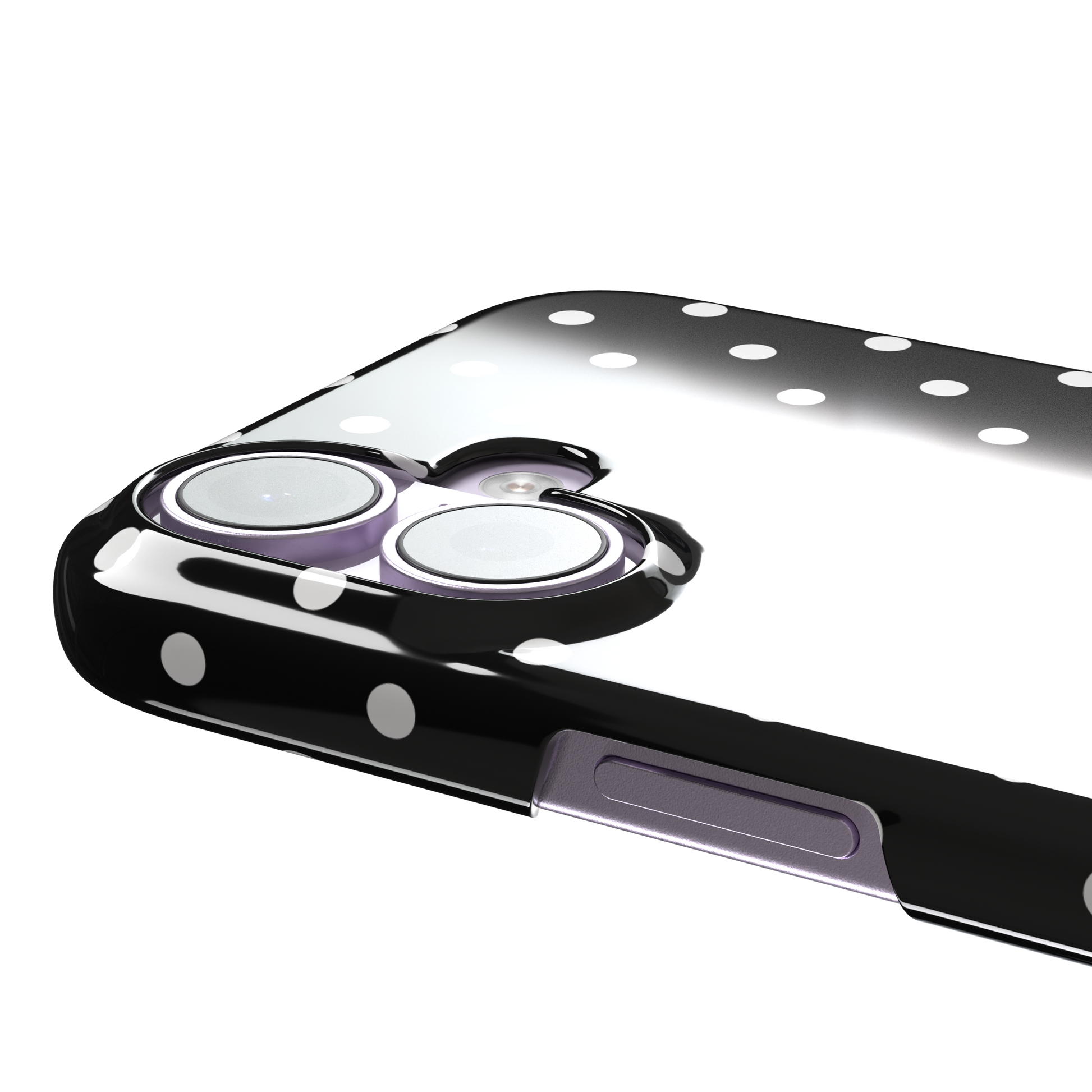 Polka dot phone case in black with crisp white spots in a bold high-contrast all-over pattern, phone case by Caselier — snap case, volume buttons detail