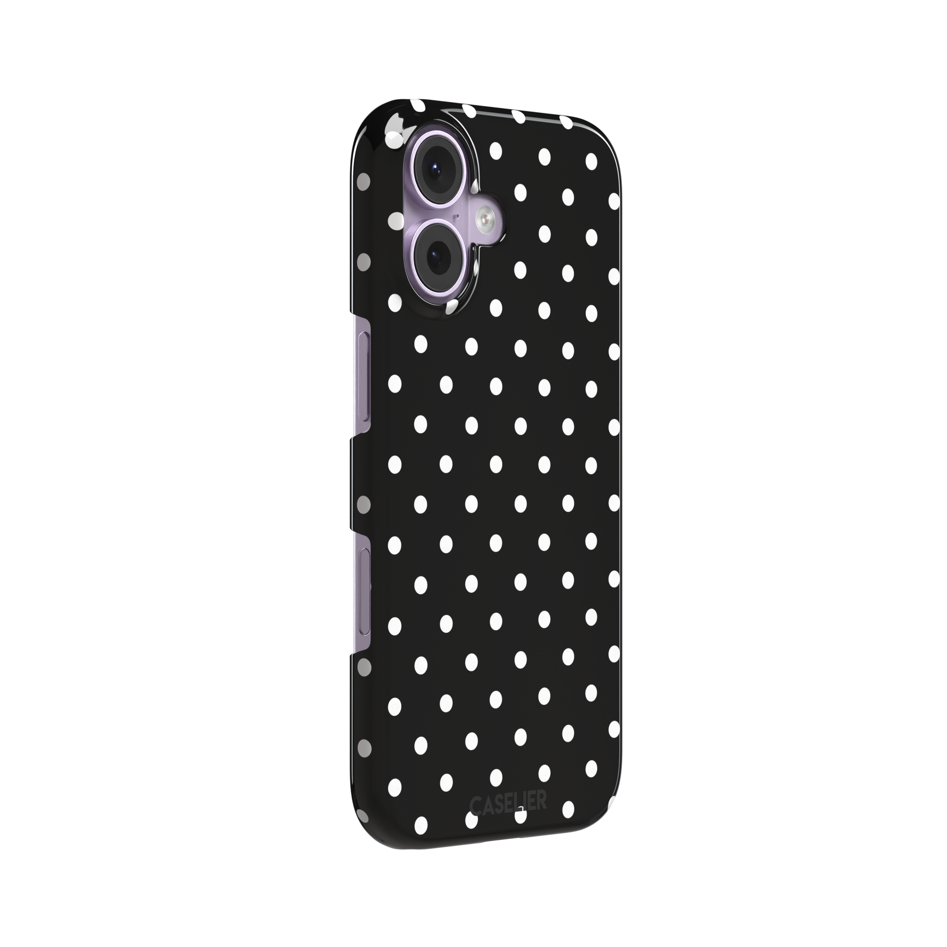 Polka dot phone case in black with crisp white spots in a bold high-contrast all-over pattern, phone case by Caselier — snap case, left view
