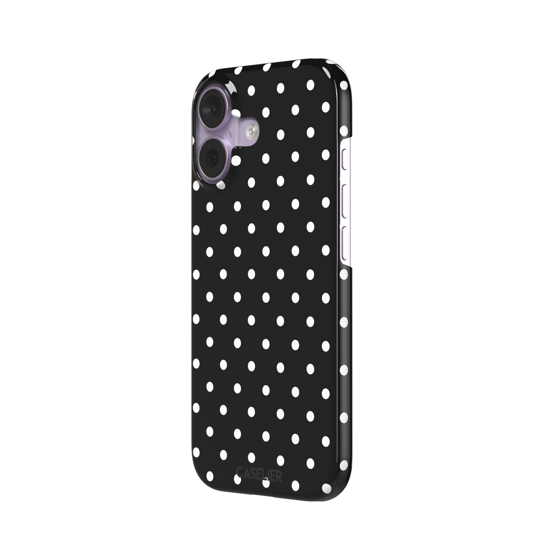 Polka dot phone case in black with crisp white spots in a bold high-contrast all-over pattern, phone case by Caselier — snap case, right view