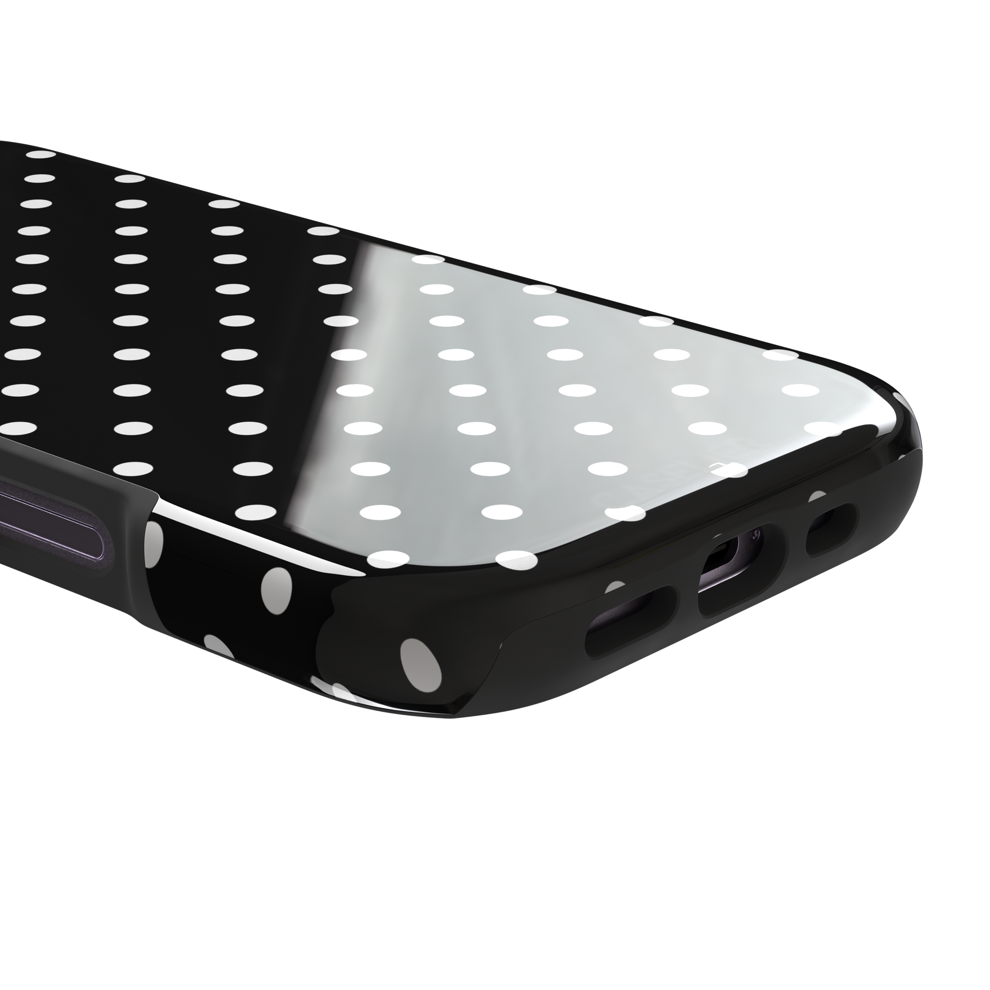 Polka dot phone case in black with crisp white spots in a bold high-contrast all-over pattern, phone case by Caselier — tough case, charging port detail