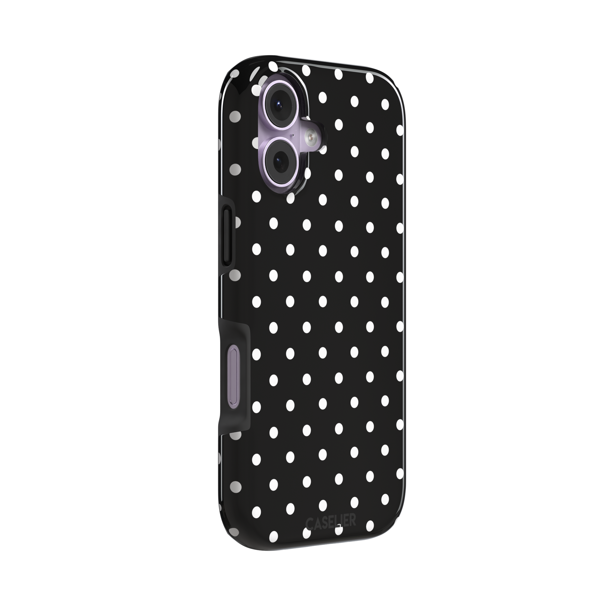 Polka dot phone case in black with crisp white spots in a bold high-contrast all-over pattern, phone case by Caselier — tough case, left view