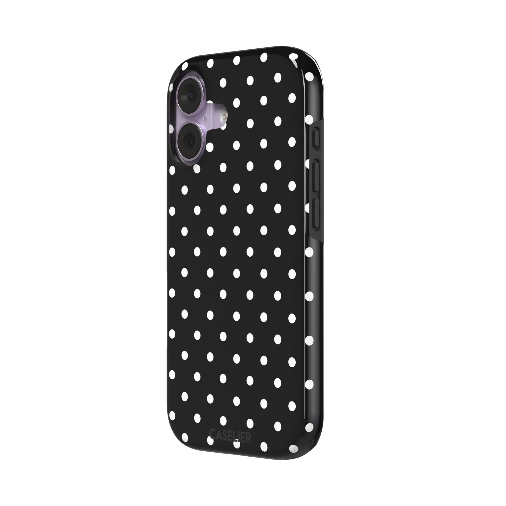 Polka dot phone case in black with crisp white spots in a bold high-contrast all-over pattern, phone case by Caselier — tough case, right view