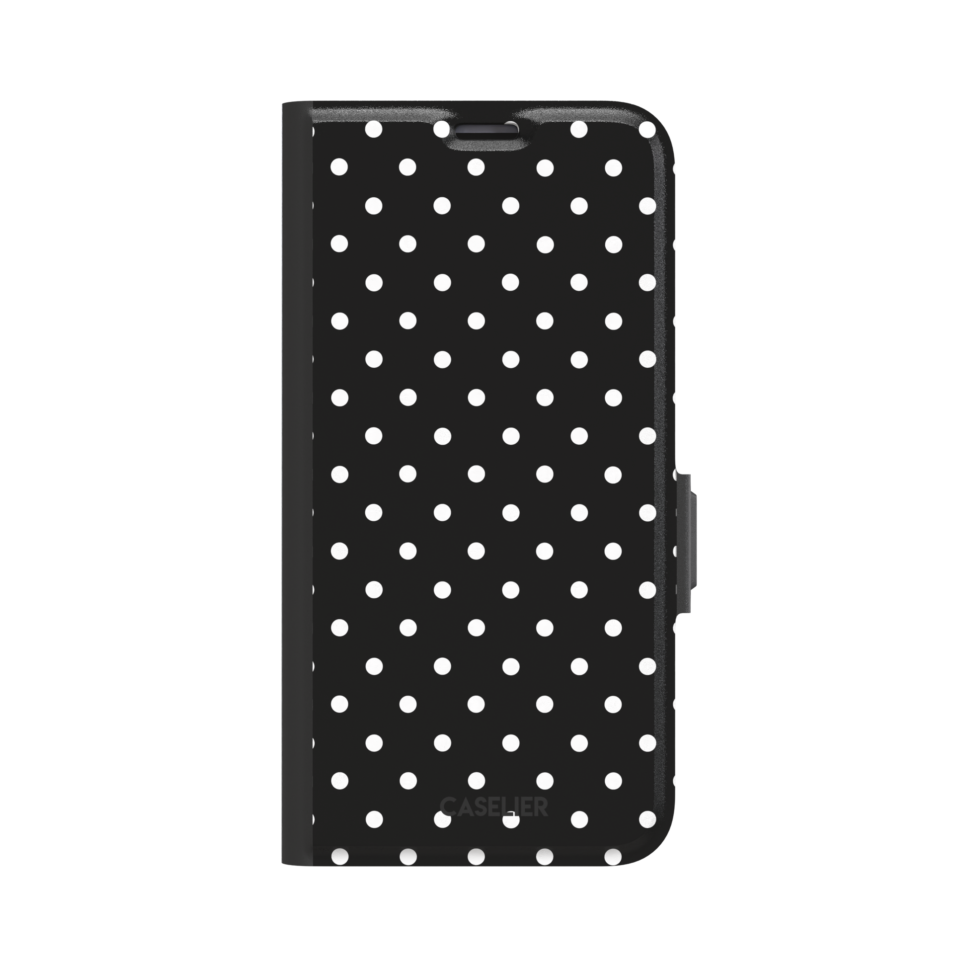 Polka dot phone case in black with crisp white spots in a bold high-contrast all-over pattern, phone case by Caselier — wallet case, front view