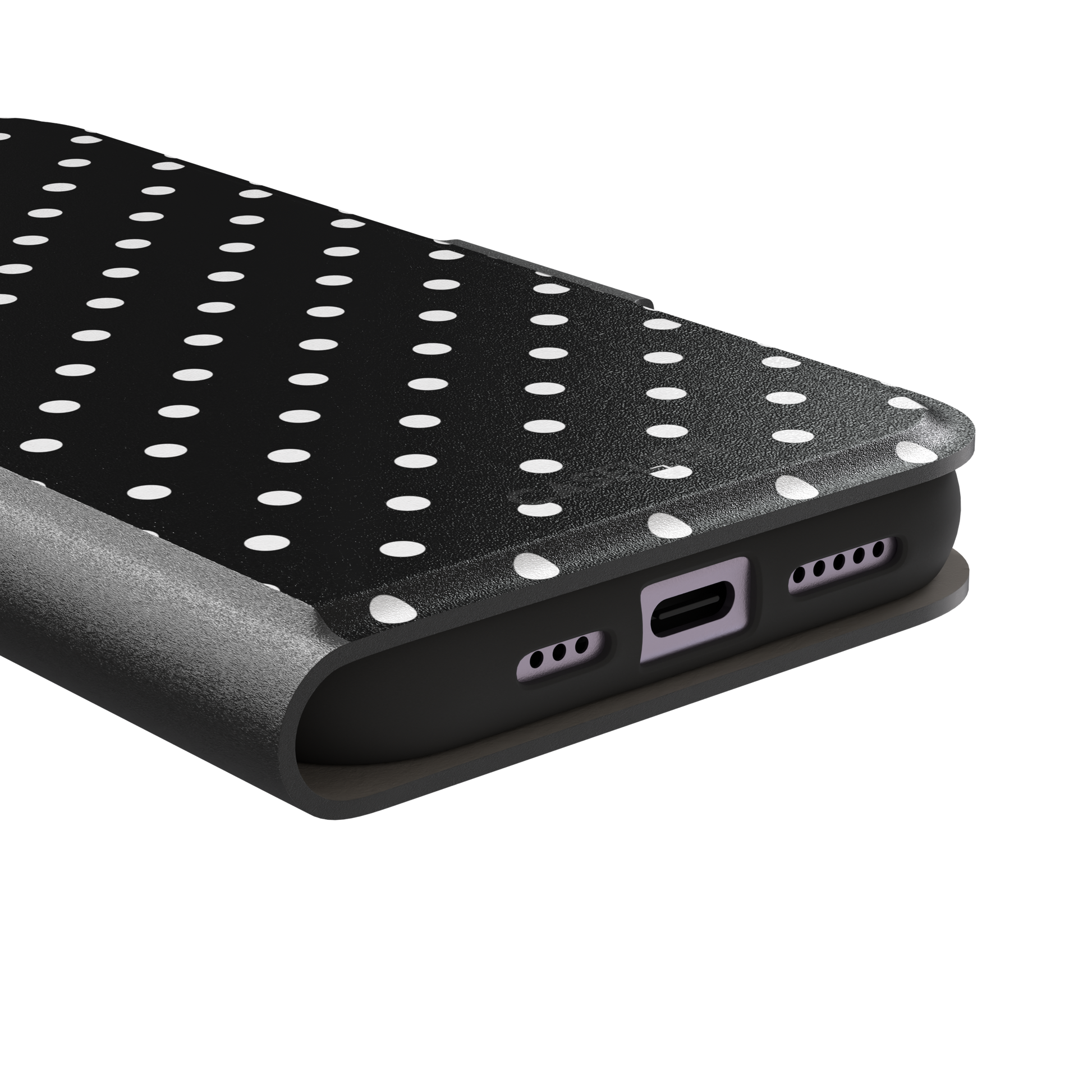 Polka dot phone case in black with crisp white spots in a bold high-contrast all-over pattern, phone case by Caselier — wallet case, charging port detail