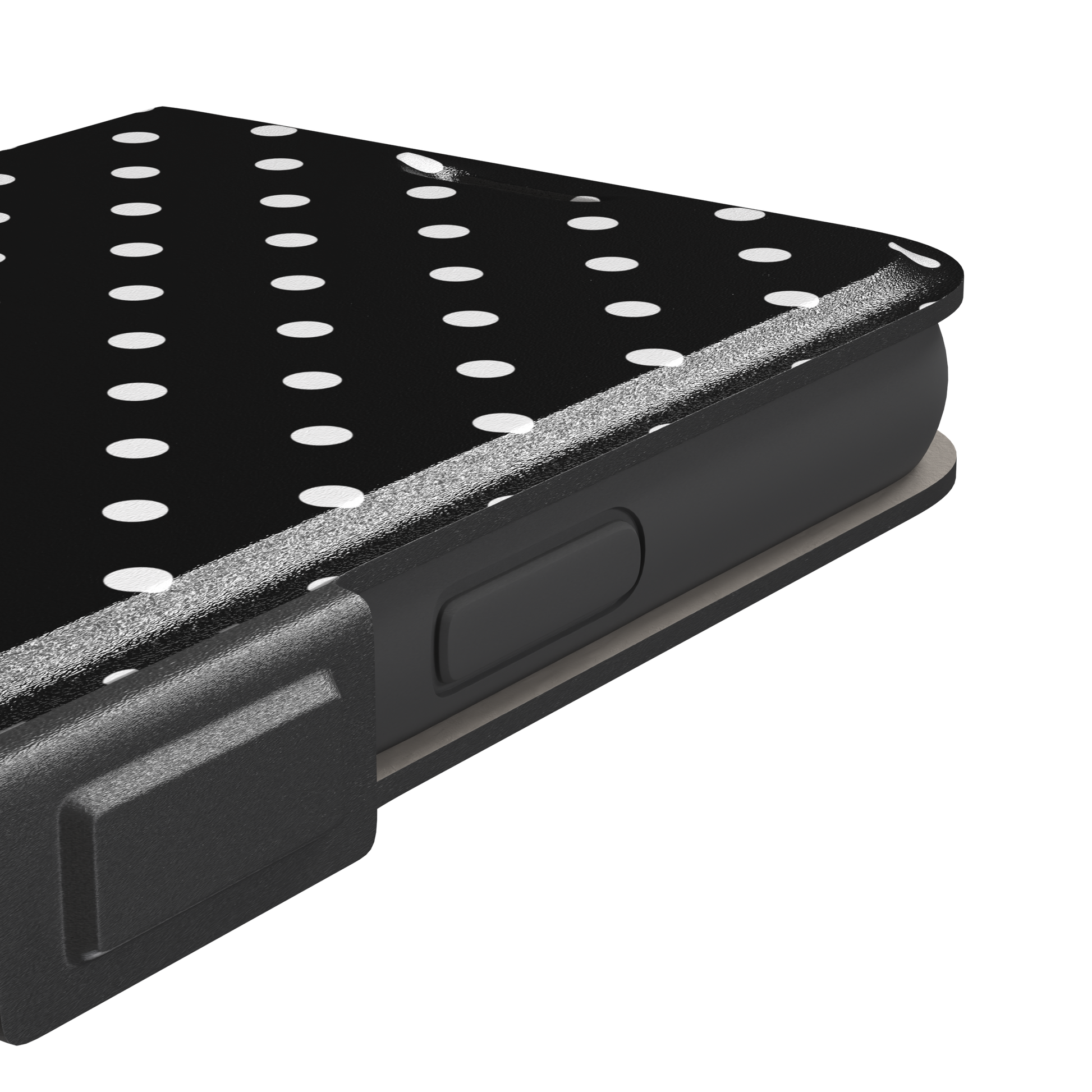 Polka dot phone case in black with crisp white spots in a bold high-contrast all-over pattern, phone case by Caselier — wallet case, volume buttons detail