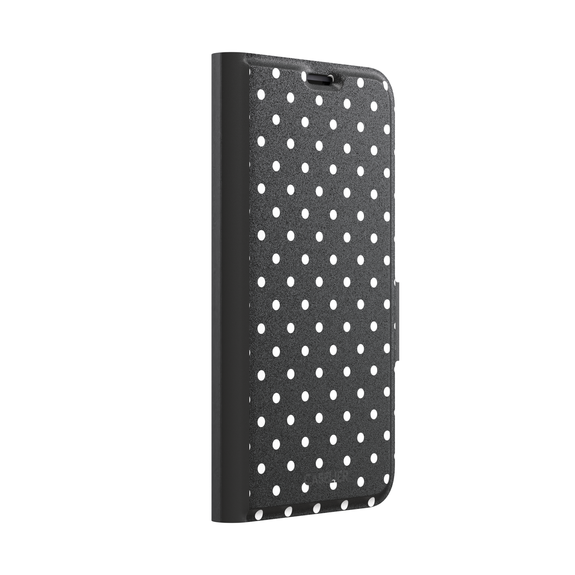 Polka dot phone case in black with crisp white spots in a bold high-contrast all-over pattern, phone case by Caselier — wallet case, left view