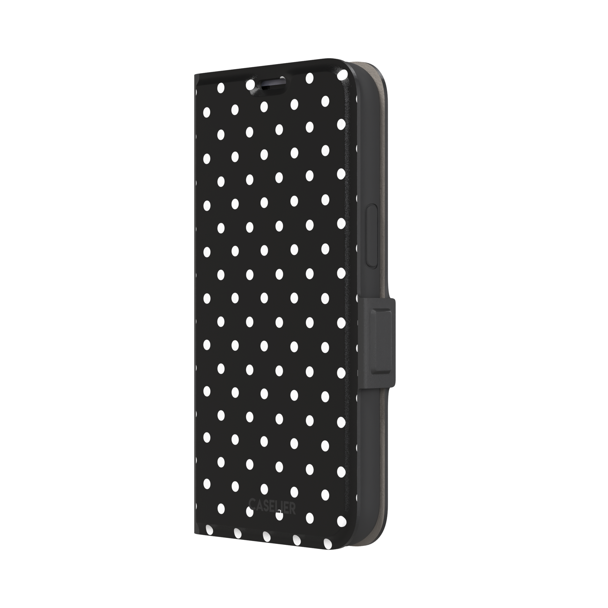 Polka dot phone case in black with crisp white spots in a bold high-contrast all-over pattern, phone case by Caselier — wallet case, right view