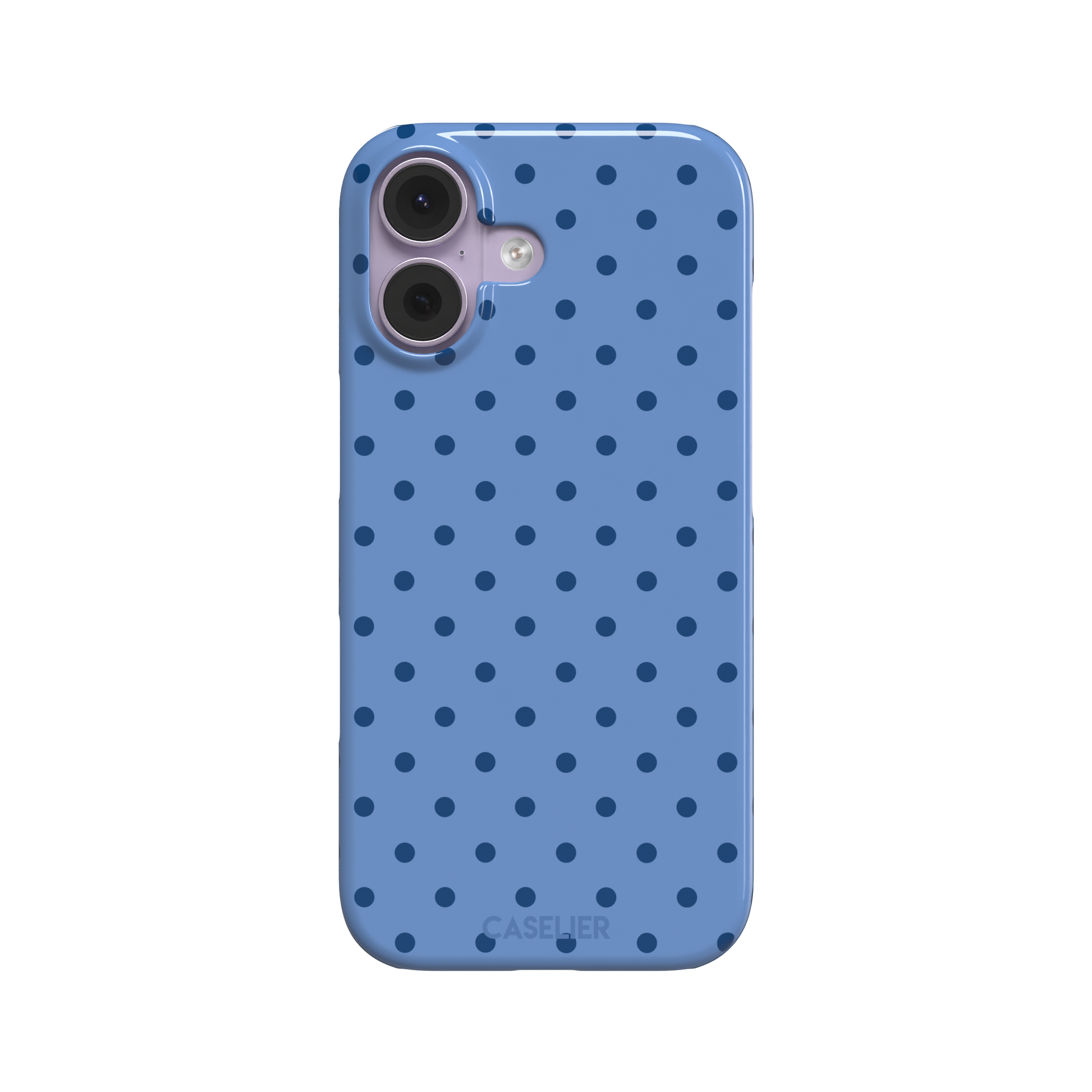 Polka dot phone case in cornflower blue with darker navy spots in a uniform all-over pattern, phone case by Caselier — snap case, front view