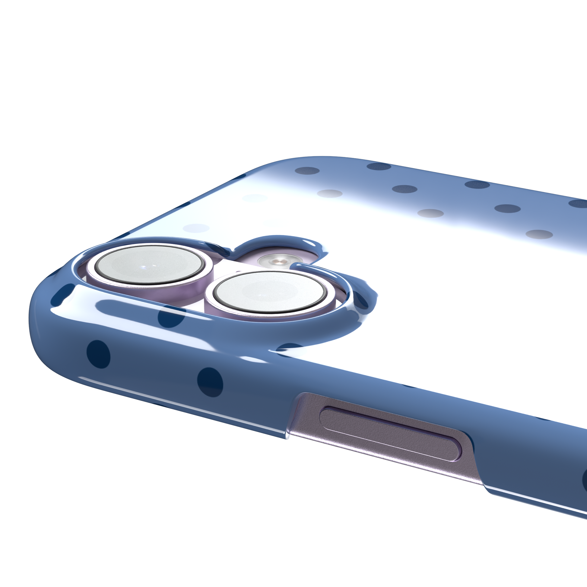 Polka dot phone case in cornflower blue with darker navy spots in a uniform all-over pattern, phone case by Caselier — snap case, volume buttons detail