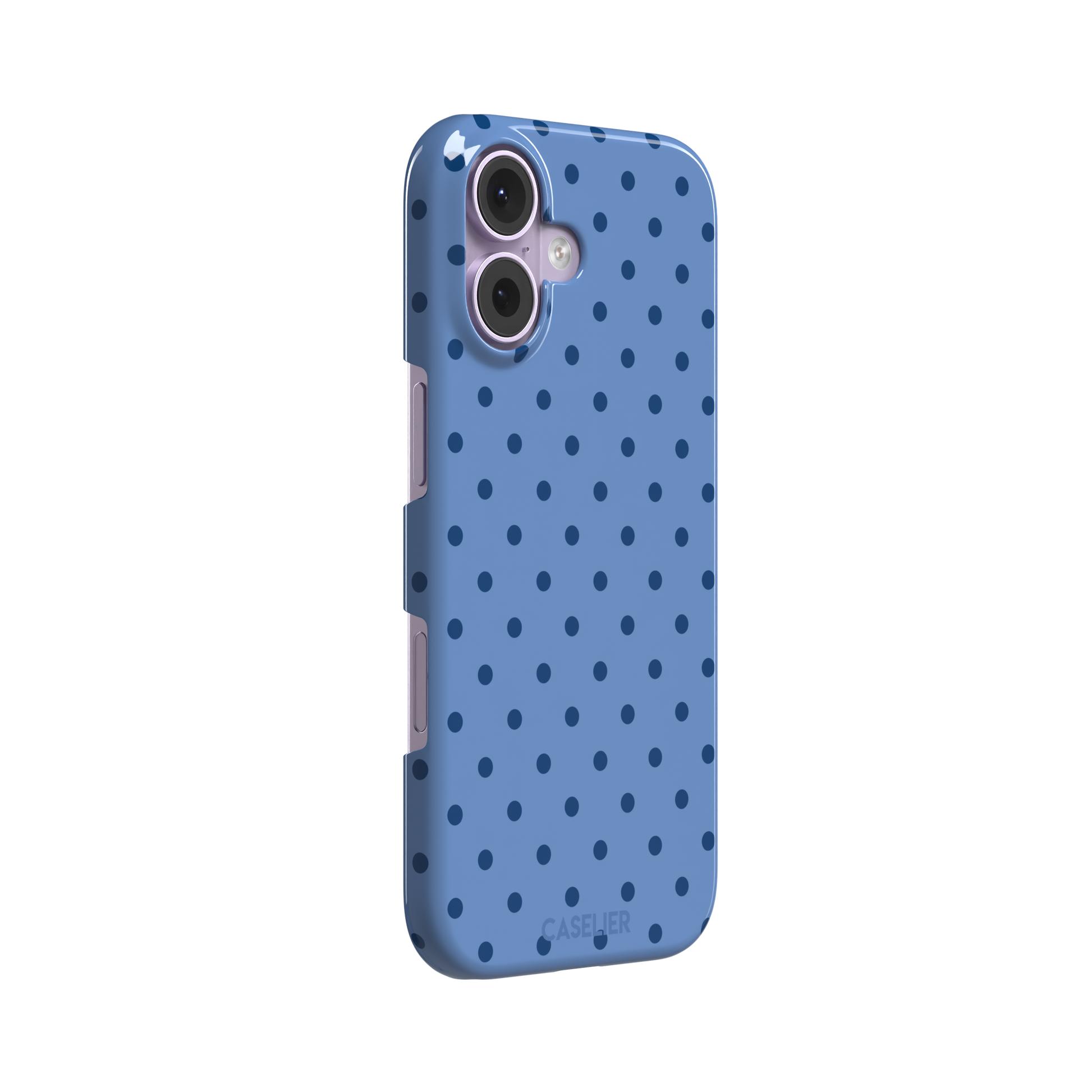 Polka dot phone case in cornflower blue with darker navy spots in a uniform all-over pattern, phone case by Caselier — snap case, left view