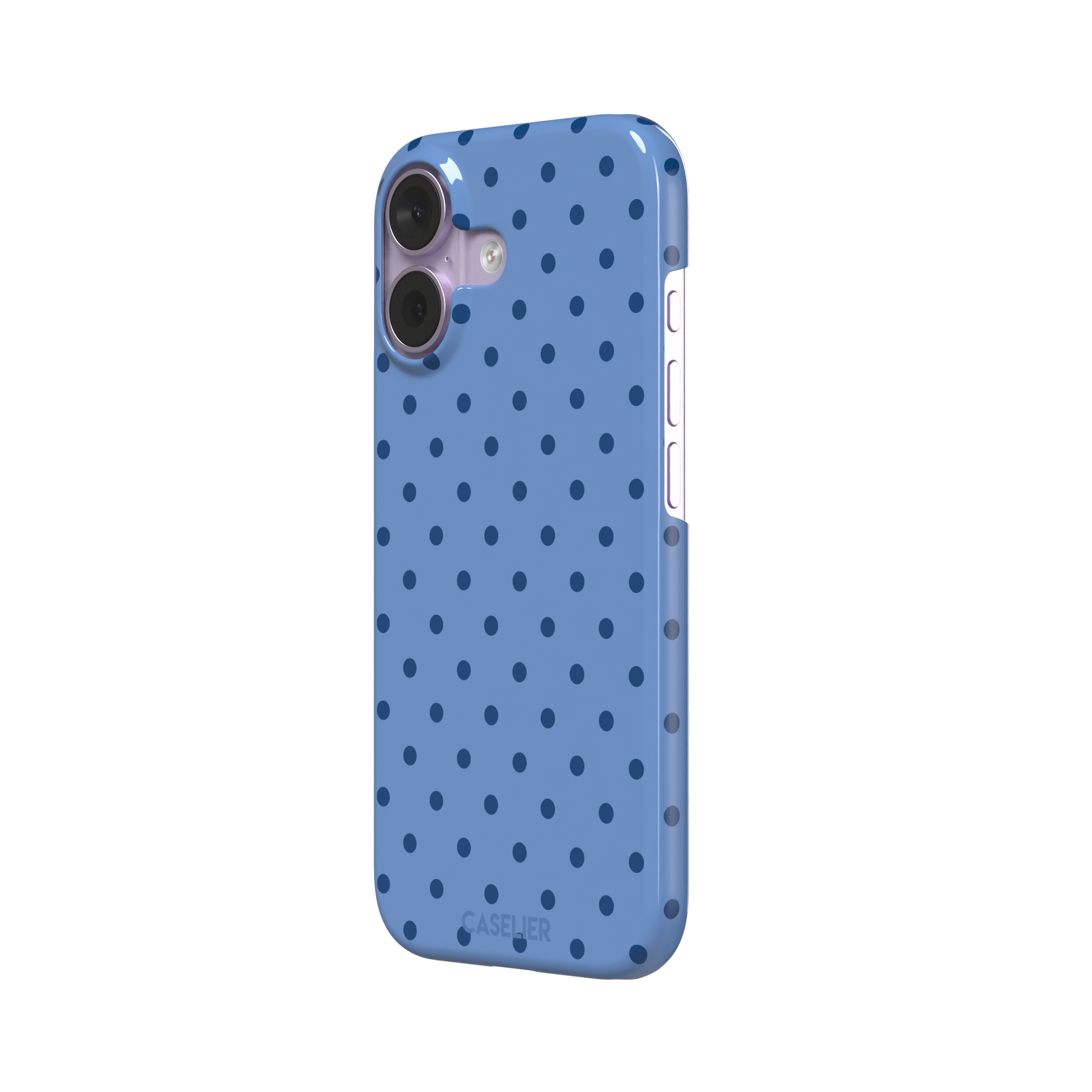 Polka dot phone case in cornflower blue with darker navy spots in a uniform all-over pattern, phone case by Caselier — snap case, right view