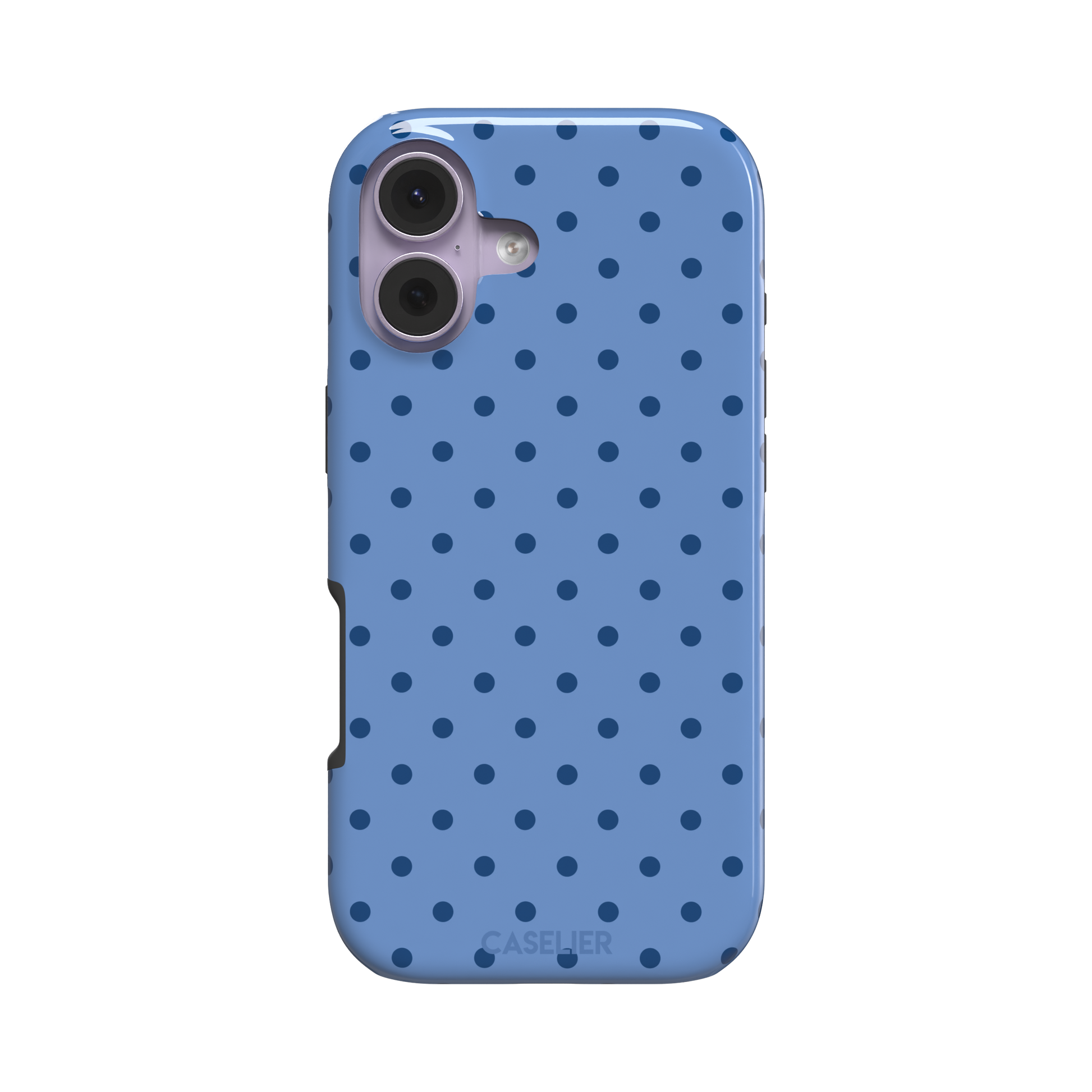 Polka dot phone case in cornflower blue with darker navy spots in a uniform all-over pattern, phone case by Caselier — tough case, front view