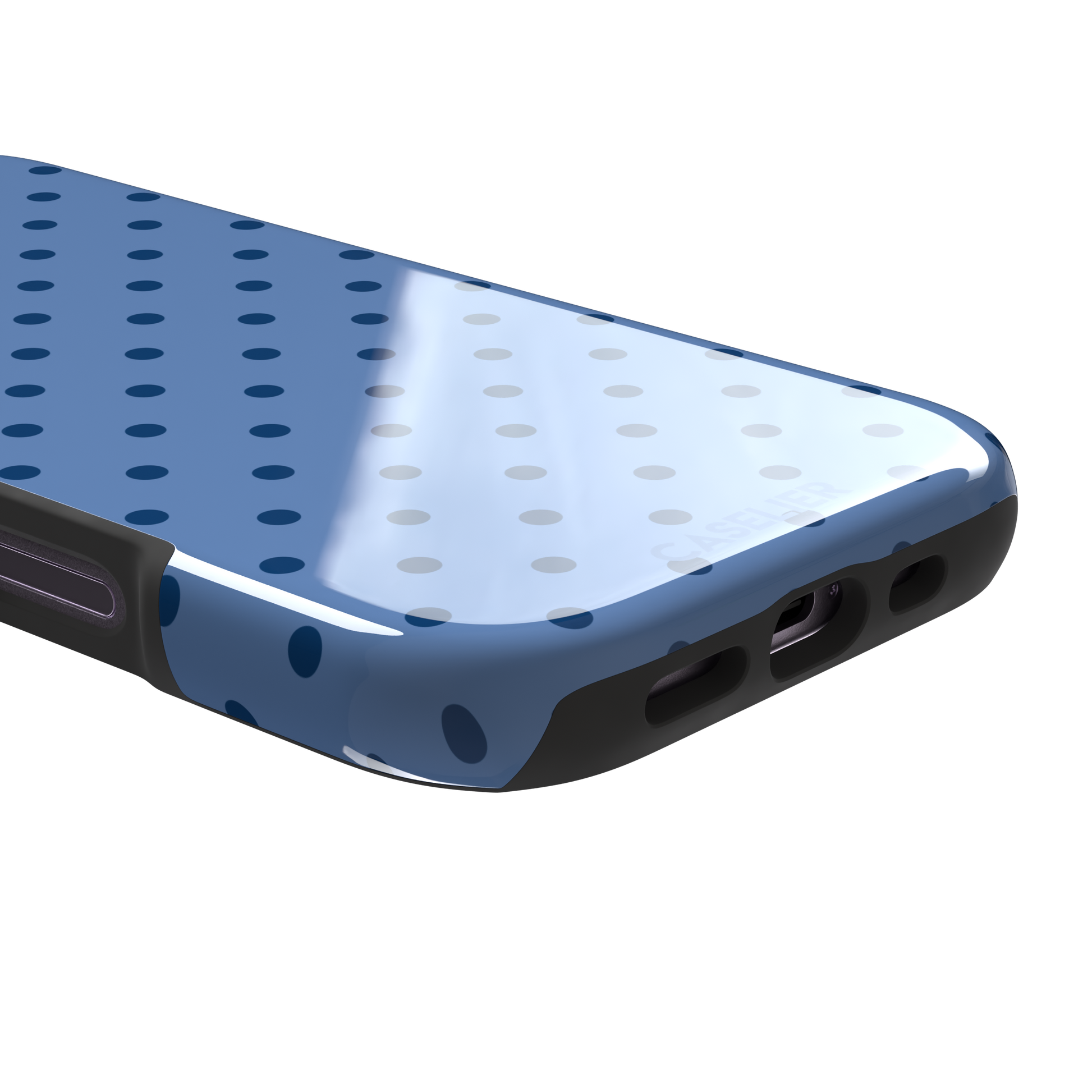 Polka dot phone case in cornflower blue with darker navy spots in a uniform all-over pattern, phone case by Caselier — tough case, charging port detail