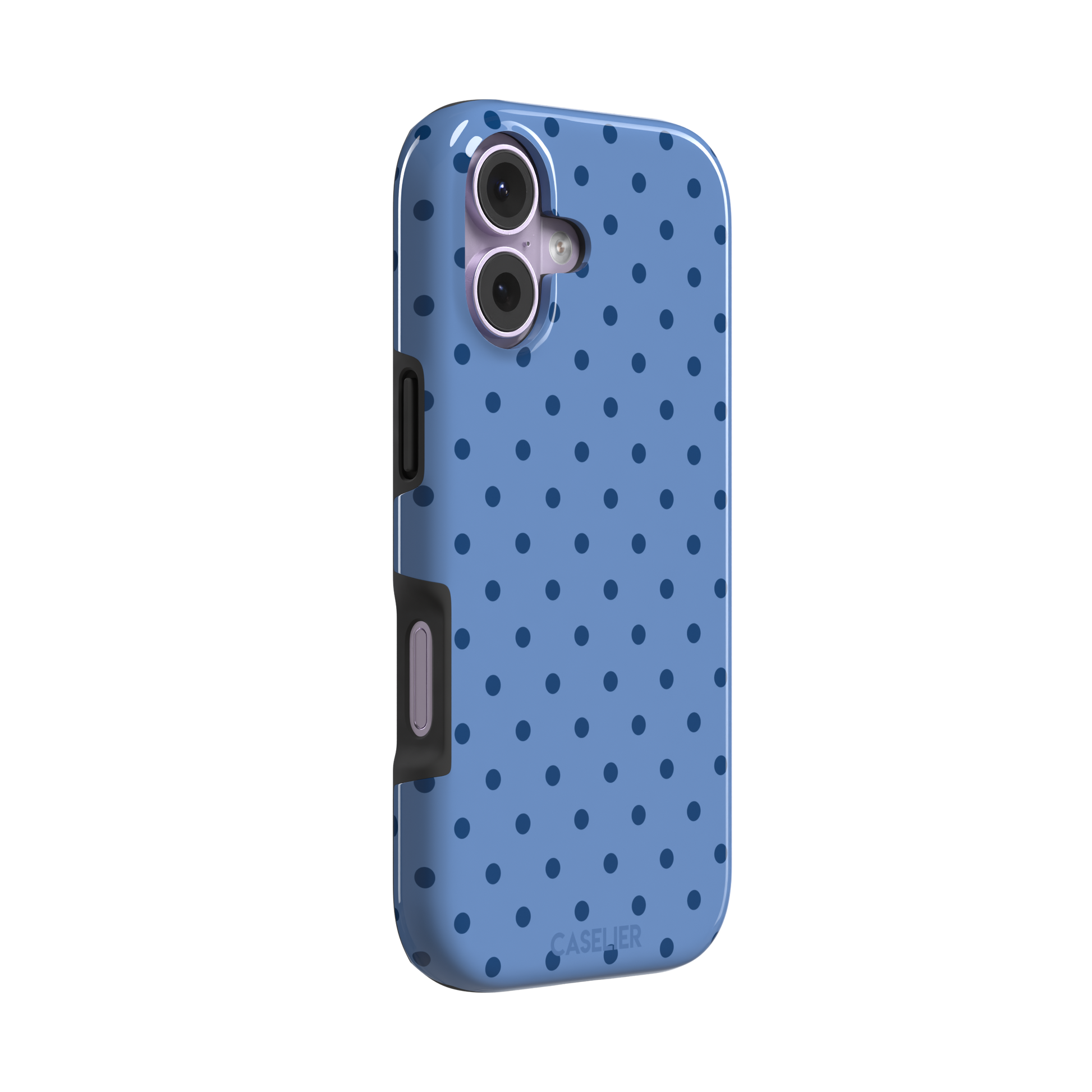 Polka dot phone case in cornflower blue with darker navy spots in a uniform all-over pattern, phone case by Caselier — tough case, left view