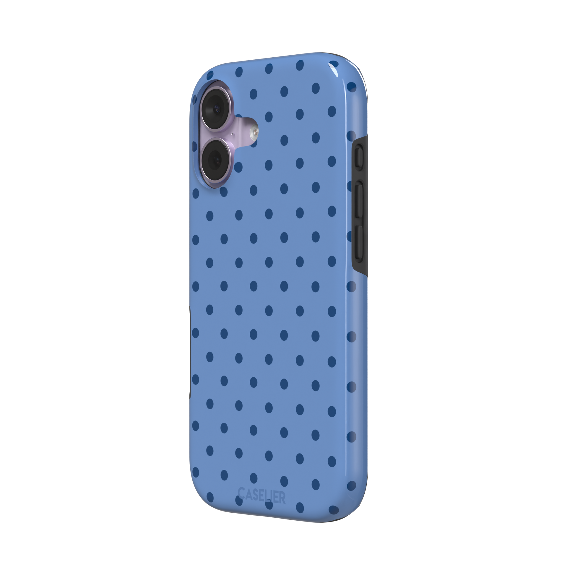Polka dot phone case in cornflower blue with darker navy spots in a uniform all-over pattern, phone case by Caselier — tough case, right view