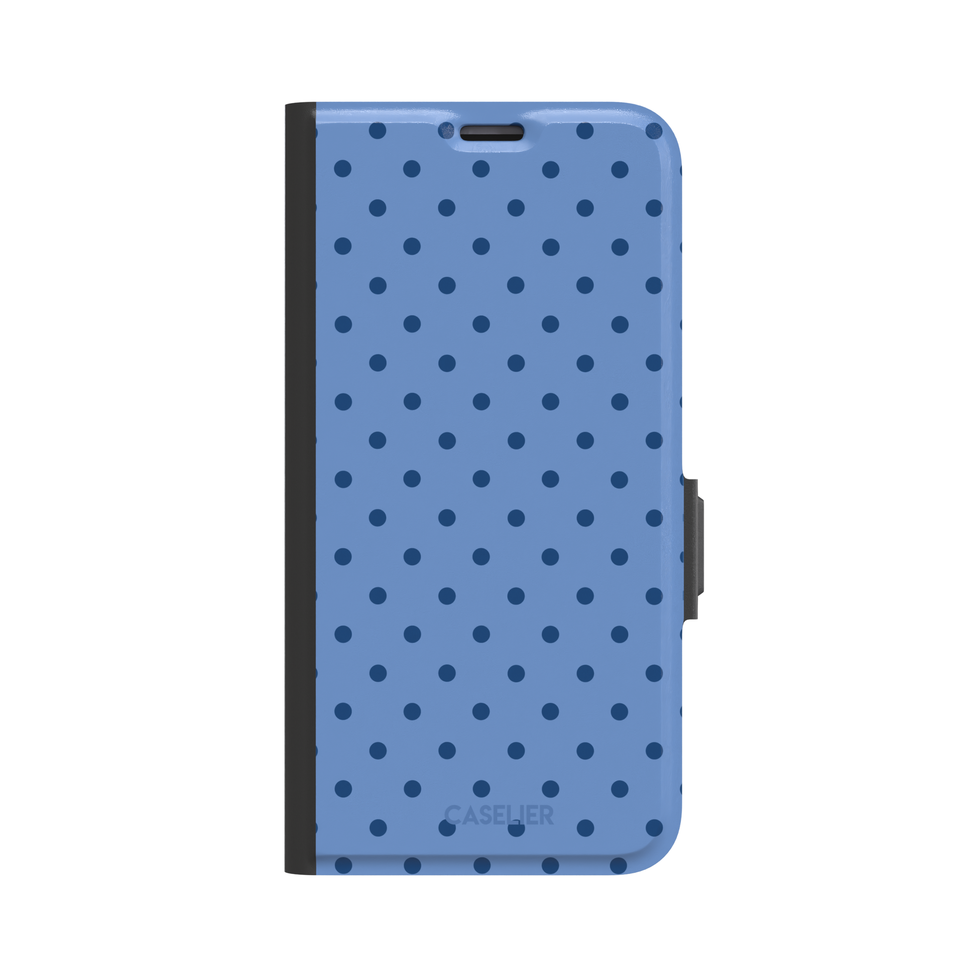 Polka dot phone case in cornflower blue with darker navy spots in a uniform all-over pattern, phone case by Caselier — wallet case, front view