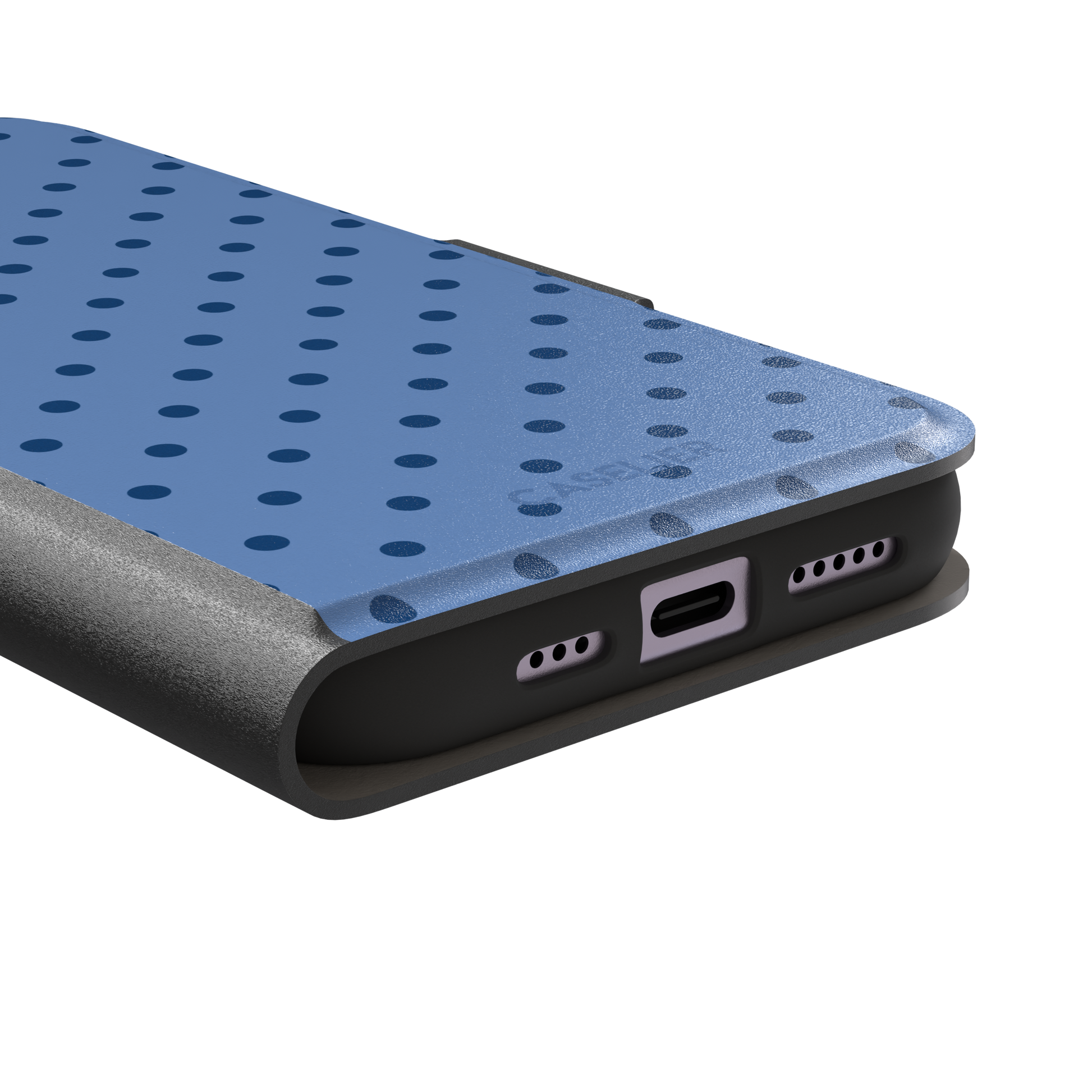 Polka dot phone case in cornflower blue with darker navy spots in a uniform all-over pattern, phone case by Caselier — wallet case, charging port detail