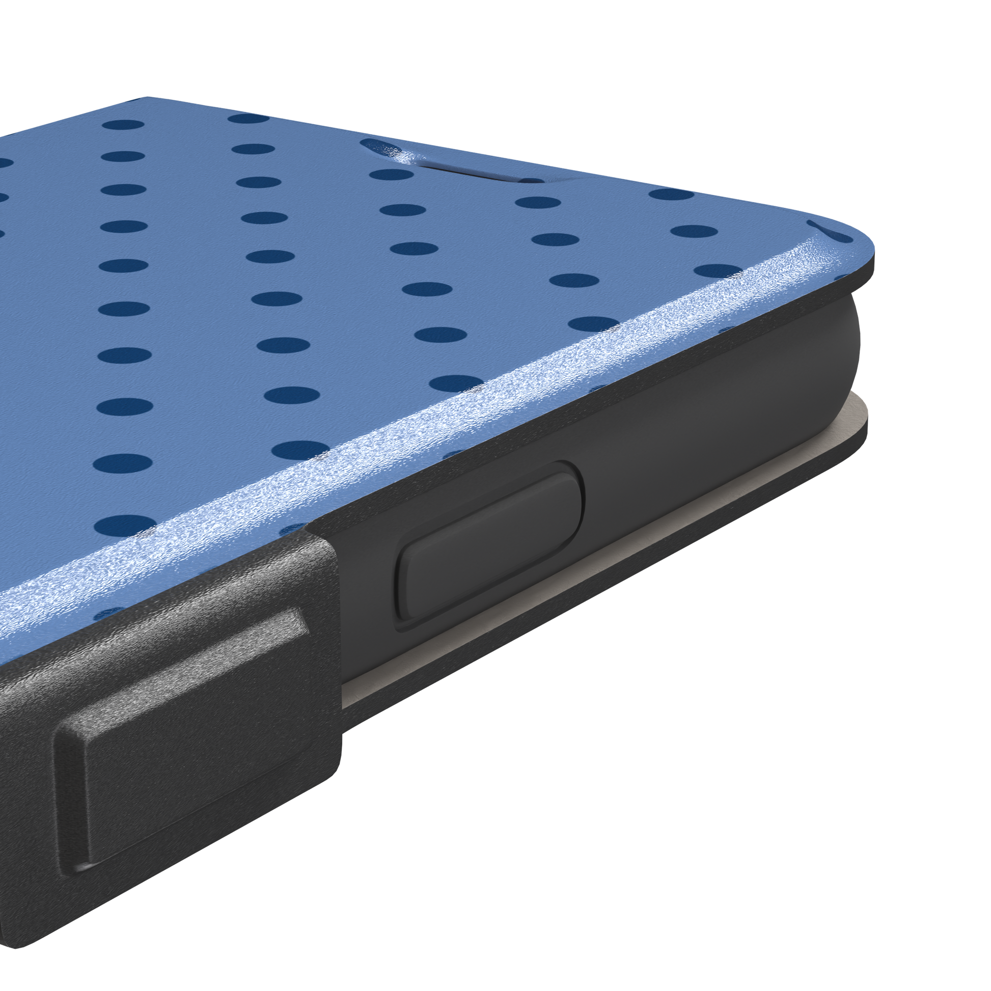 Polka dot phone case in cornflower blue with darker navy spots in a uniform all-over pattern, phone case by Caselier — wallet case, volume buttons detail