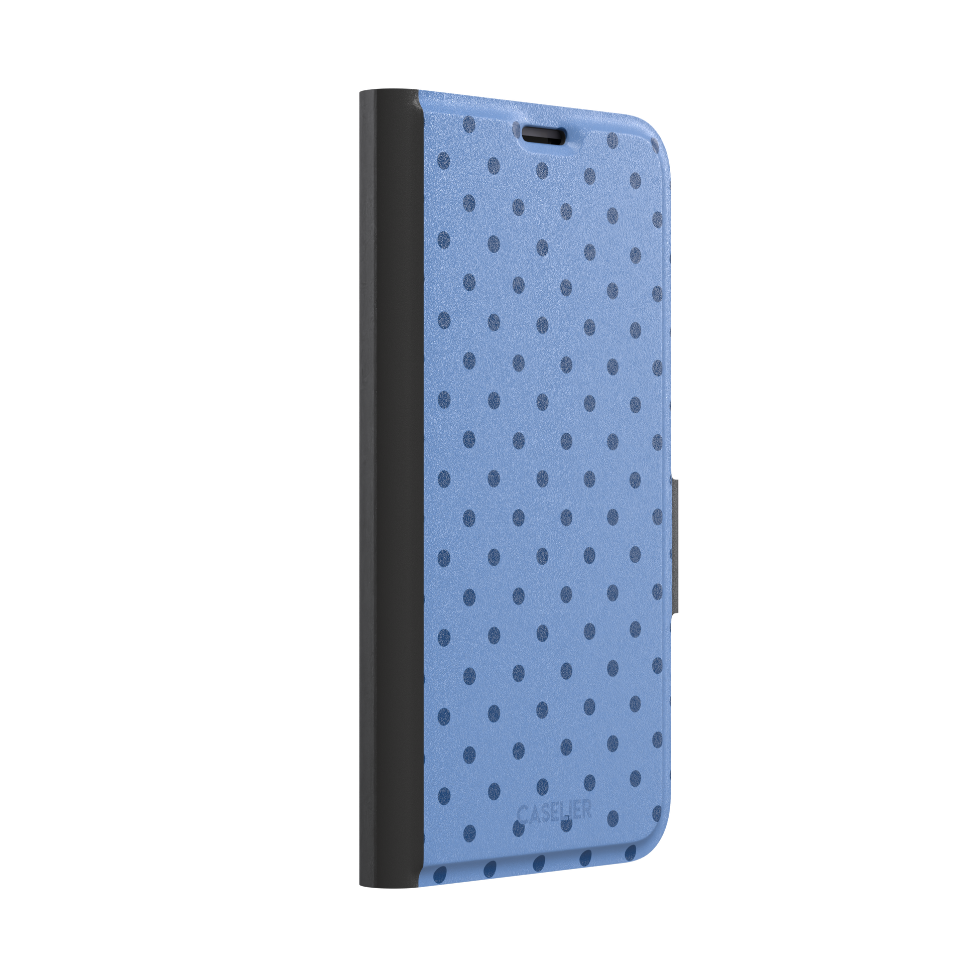 Polka dot phone case in cornflower blue with darker navy spots in a uniform all-over pattern, phone case by Caselier — wallet case, left view