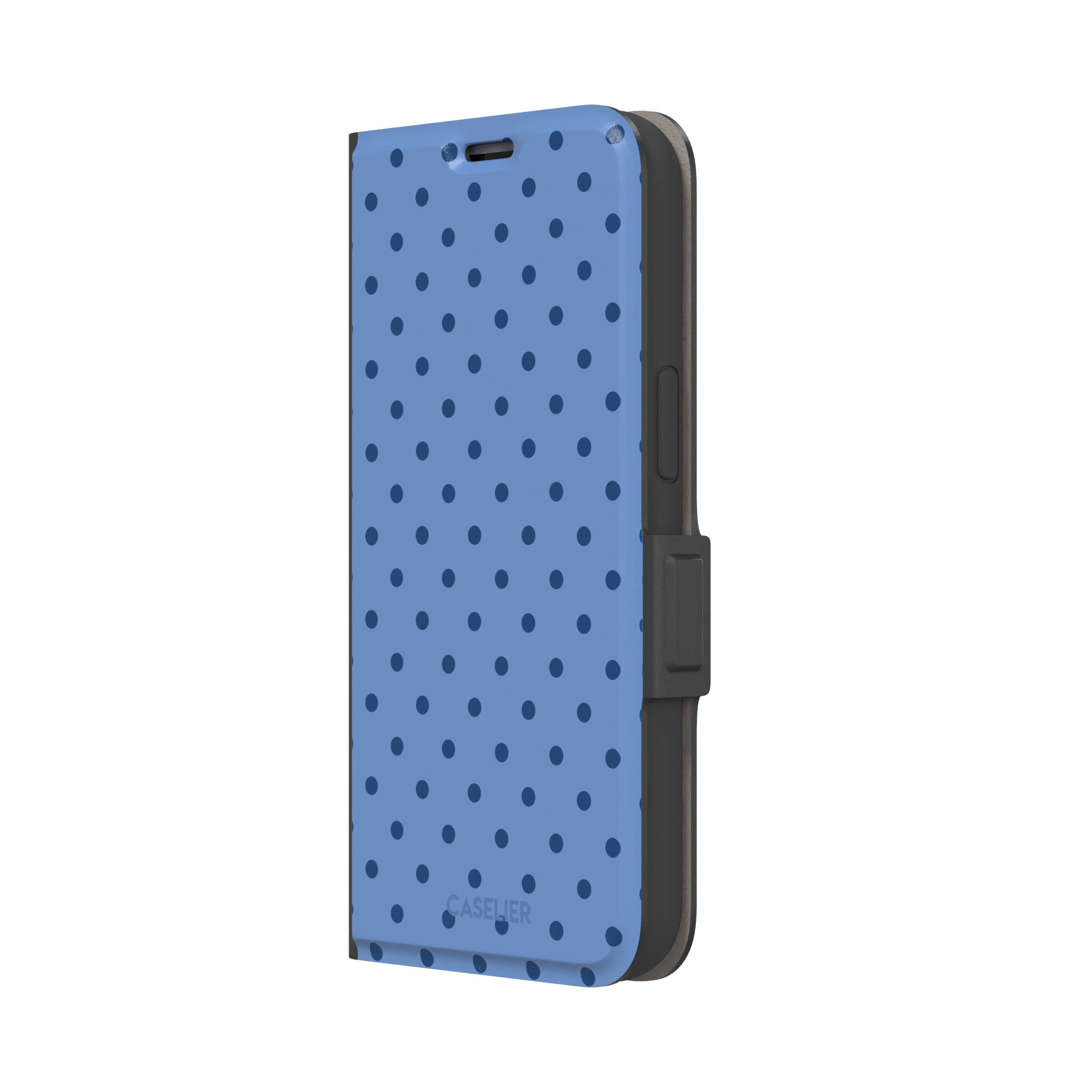 Polka dot phone case in cornflower blue with darker navy spots in a uniform all-over pattern, phone case by Caselier — wallet case, right view